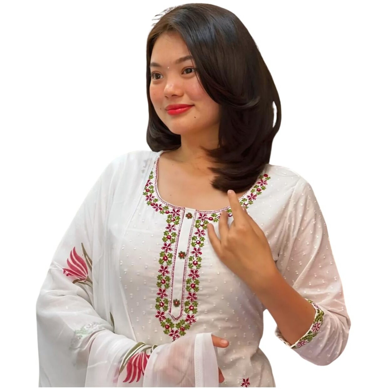 Shiv Textiles Women's Georgette Embroidered Kurta Pant Dupatta Set(Jda-Mia-White-Xl)