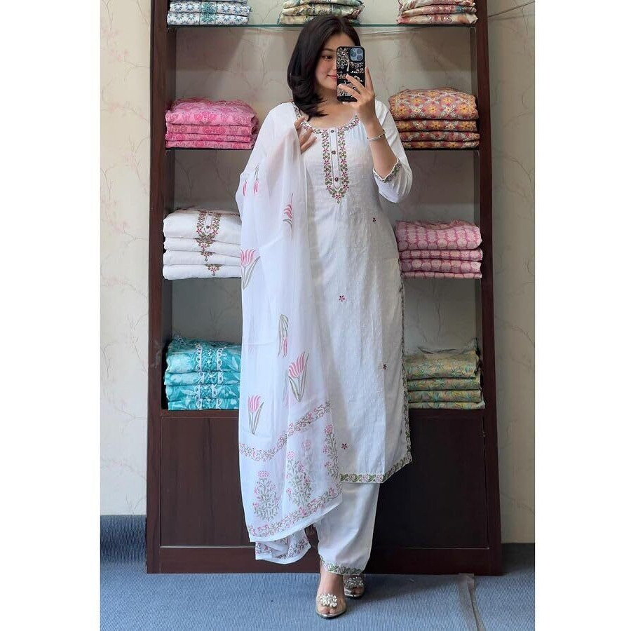 Shiv Textiles Women's Georgette Embroidered Kurta Pant Dupatta Set(Jda-Mia-White-Xl)