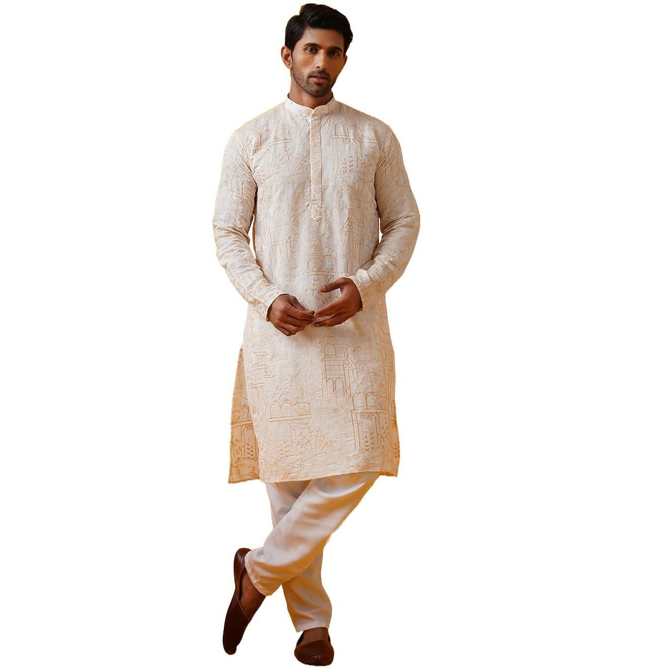 Sojanya (Since 1958 Men's Cotton Silk Kantha Thread Embroidered Cream Kurta With White Pyjama