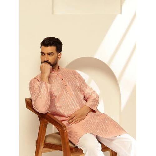 Sojanya(Since 1958 Men's Silk Blend Contrast White Thread Detailing Peach Kurta With Pyjama