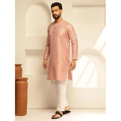 Sojanya(Since 1958 Men's Silk Blend Contrast White Thread Detailing Peach Kurta With Pyjama