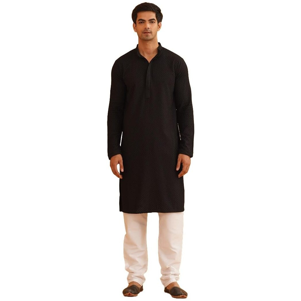 Sojanya (Since 1958 Men's Cotton Embroidered Thread Work Black Kurta With White Churidar Pyjama