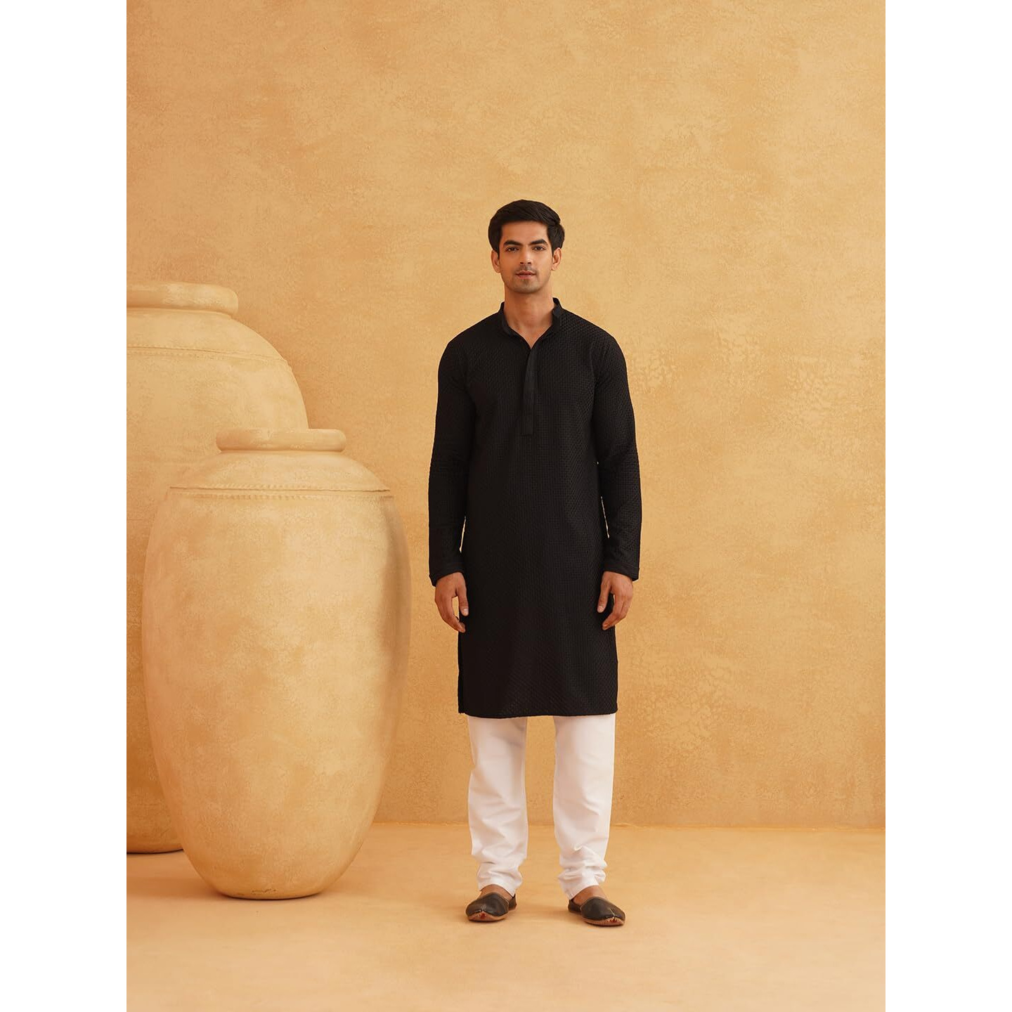 Sojanya (Since 1958 Men's Cotton Embroidered Thread Work Black Kurta With White Churidar Pyjama
