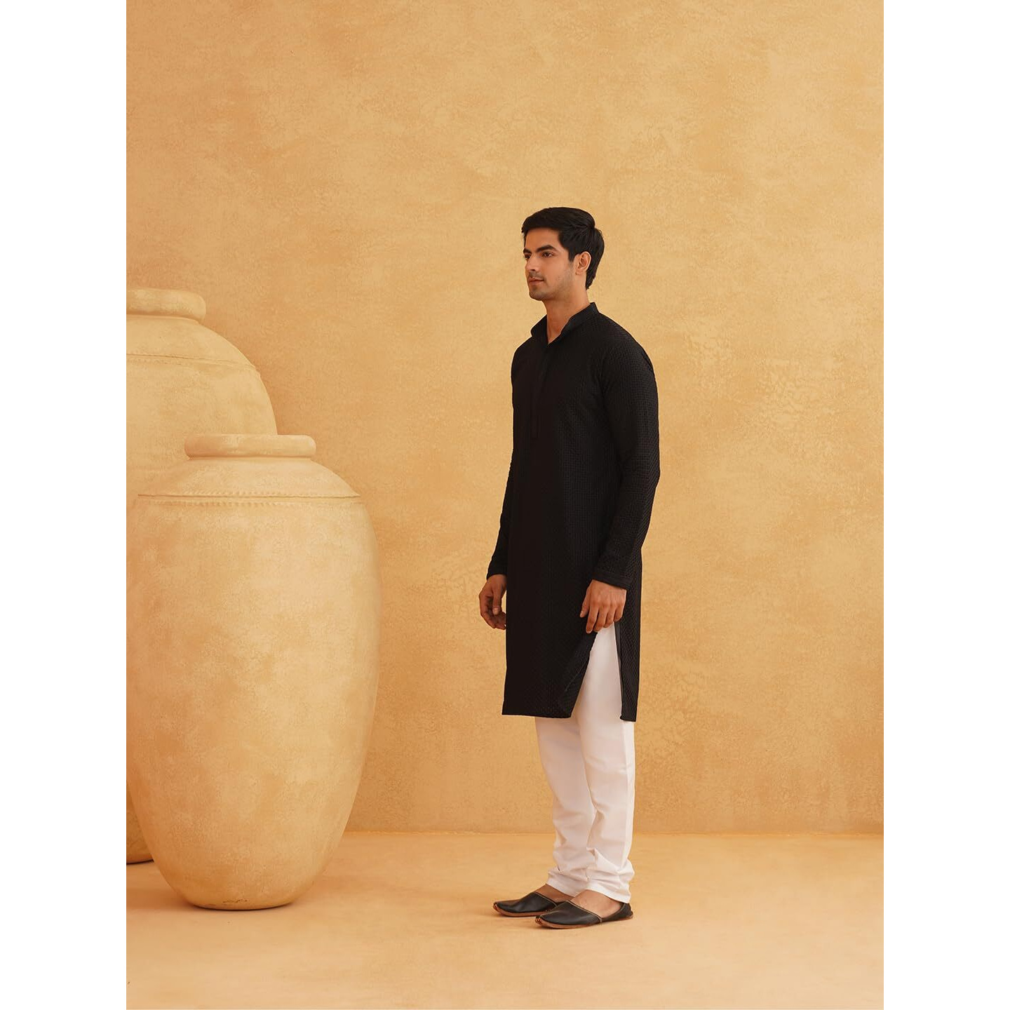 Sojanya (Since 1958 Men's Cotton Embroidered Thread Work Black Kurta With White Churidar Pyjama