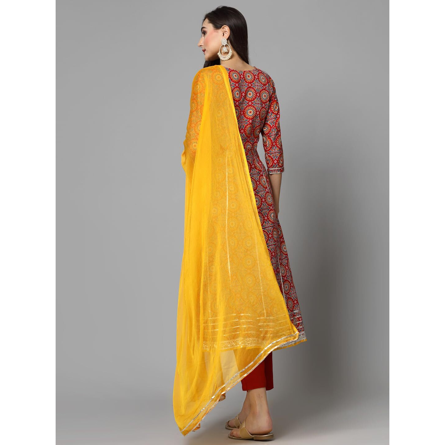 Stylum Women's Printed & Embellished Cotton Anarkali Kurta Pant Dupatta Set (Kpdredsamre44_Red, Xxl)