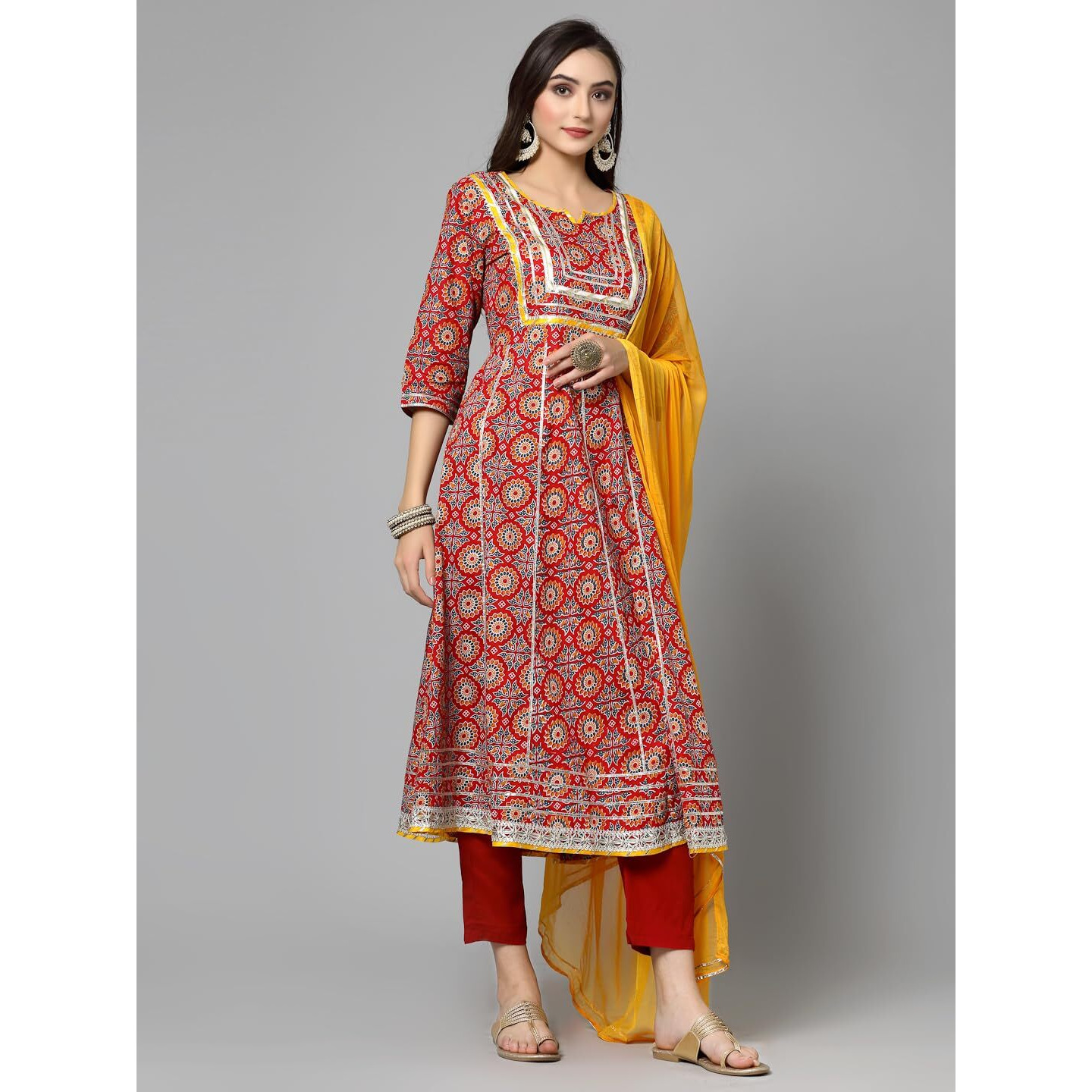 Stylum Women's Printed & Embellished Cotton Anarkali Kurta Pant Dupatta Set (Kpdredsamre44_Red, Xxl)