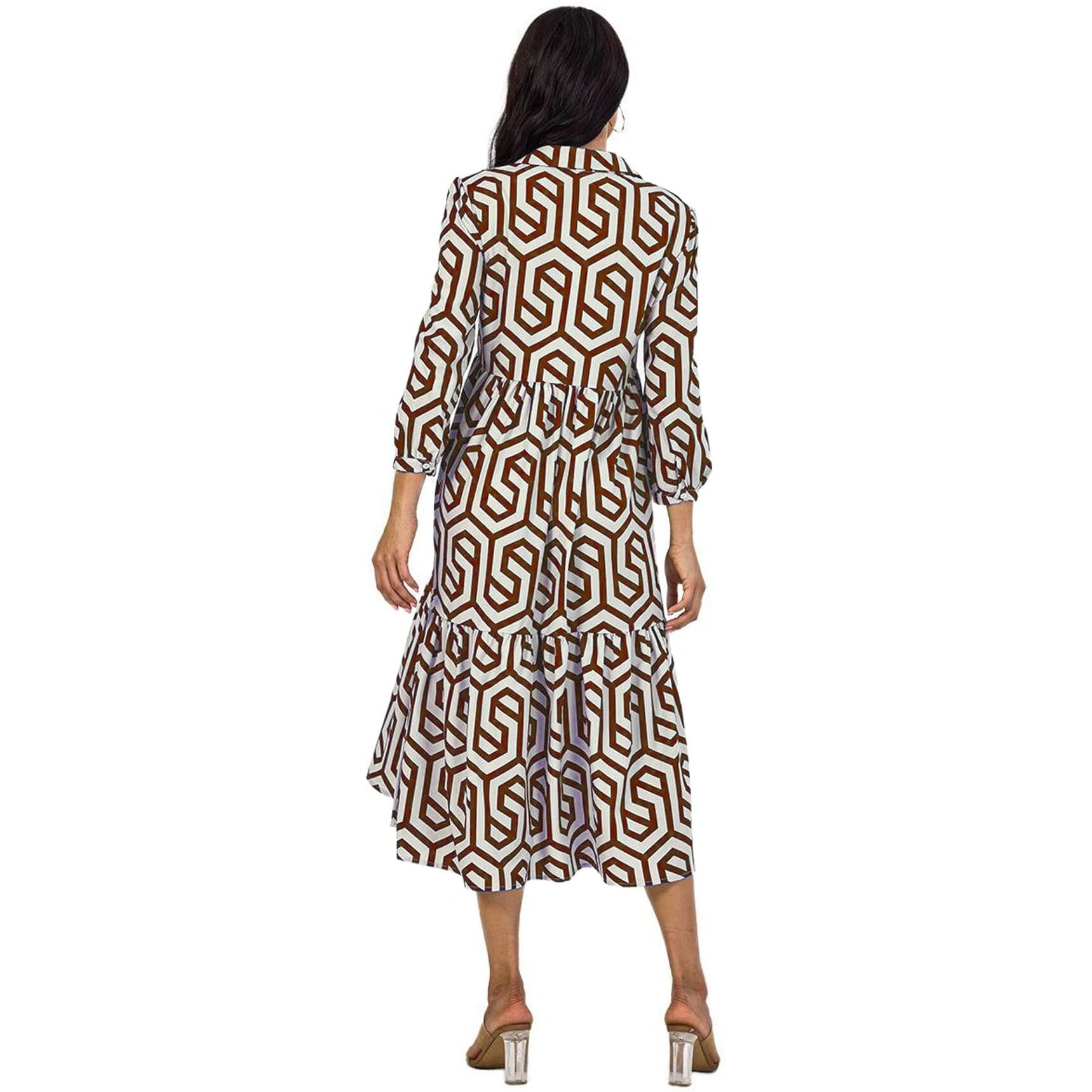 Shasmi Women & Girls Solid Maroon Geometric Print Collared Dress With Long Cuffed Sleeves, Panelled Hem And A Button-Up Front Gathered A-Line Midi Dress For Women (Dress 151 Maroon-Xl)
