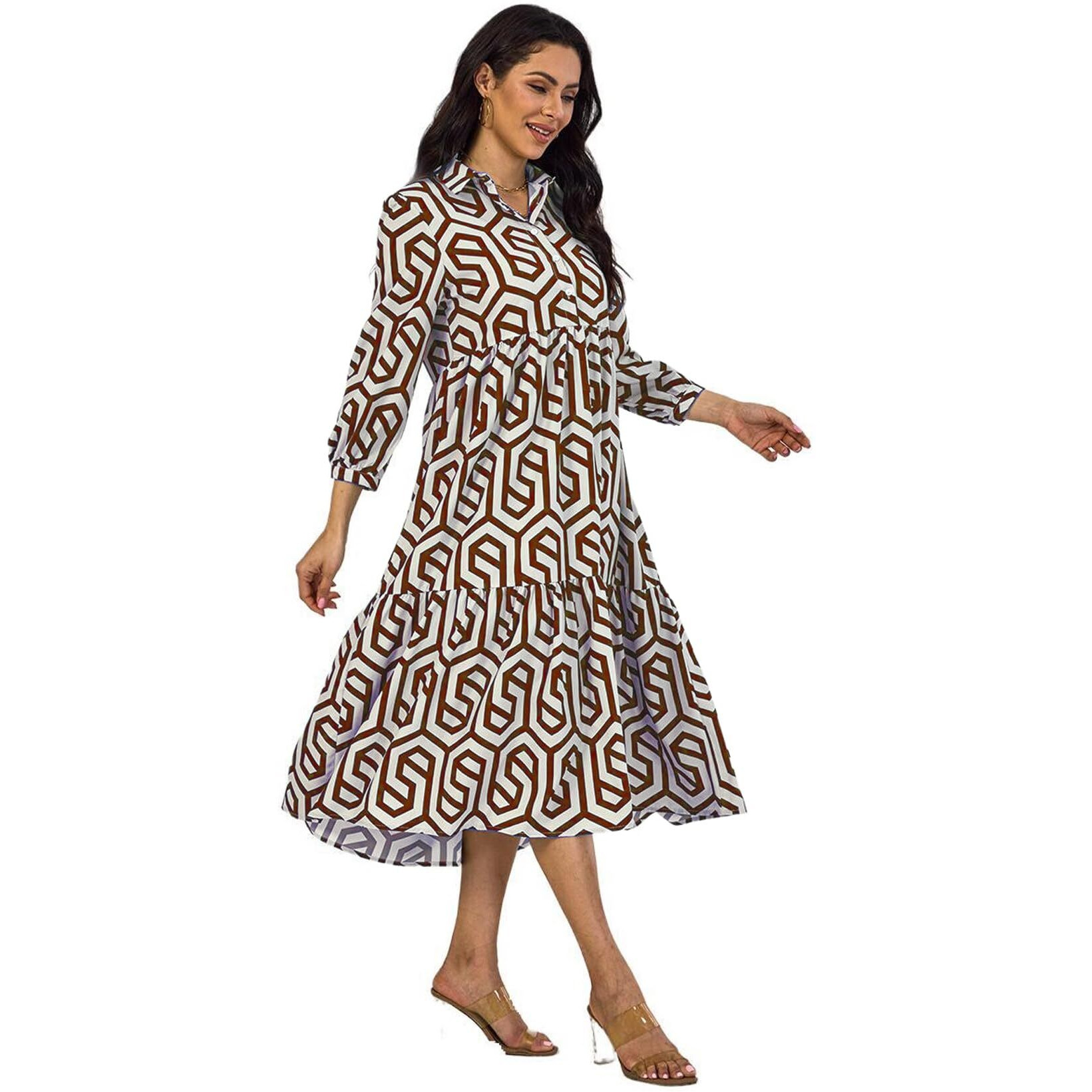 Shasmi Women & Girls Solid Maroon Geometric Print Collared Dress With Long Cuffed Sleeves, Panelled Hem And A Button-Up Front Gathered A-Line Midi Dress For Women (Dress 151 Maroon-Xl)