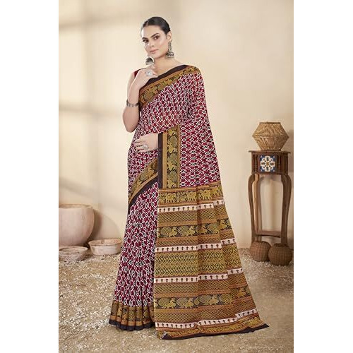 Tamaira Fashion Women's Printed Pure Cotton Mulmul Saree Without Blouse Piece(Ab45_Maroon)