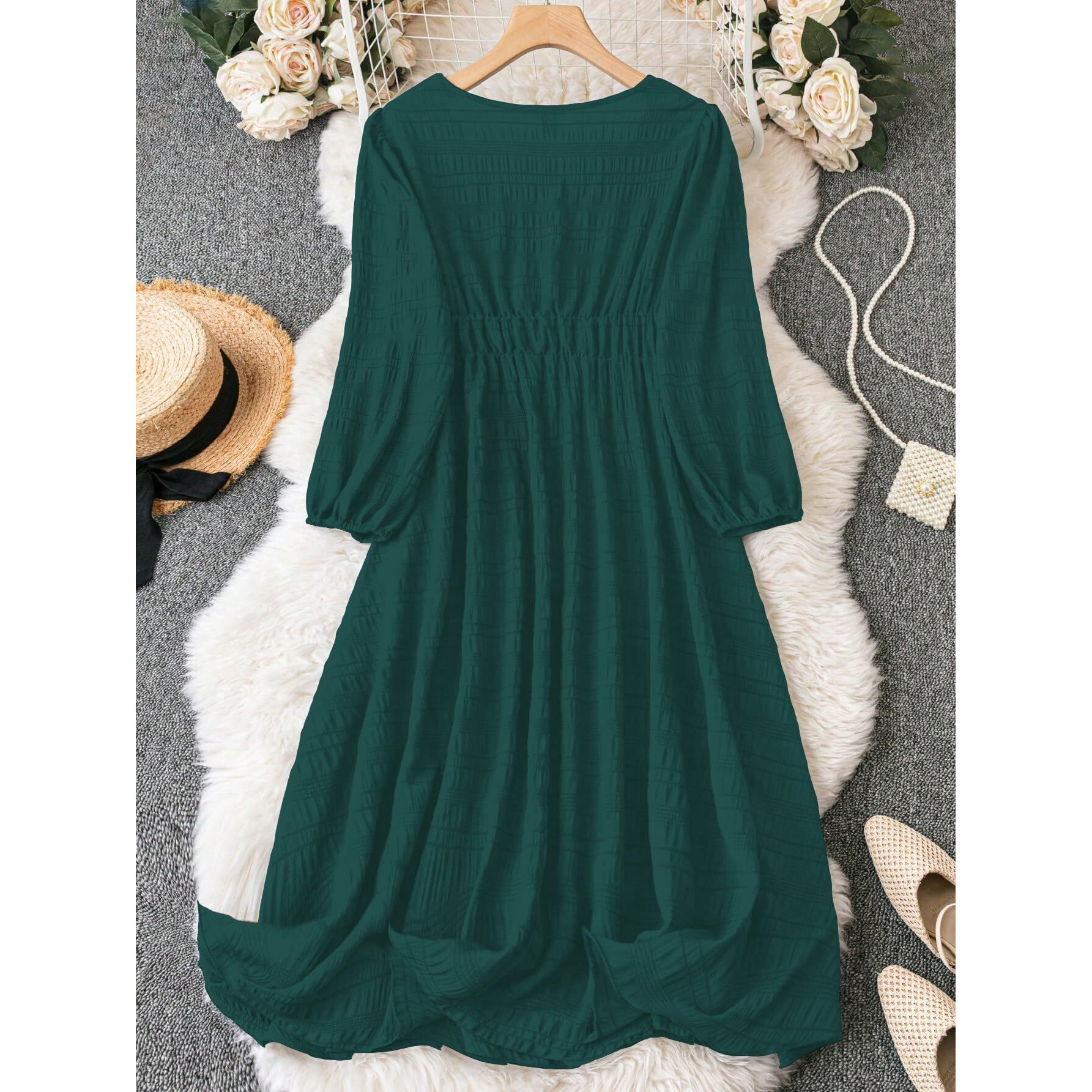 Shasmi Womens & Girls Teal Dress For Women Midi, One Piece Dress For Womens Casual Dress, Solid Textured Lantern Sleeve Tie Front V Neck Midi Dress (Dress 123 Teal Blue-L)
