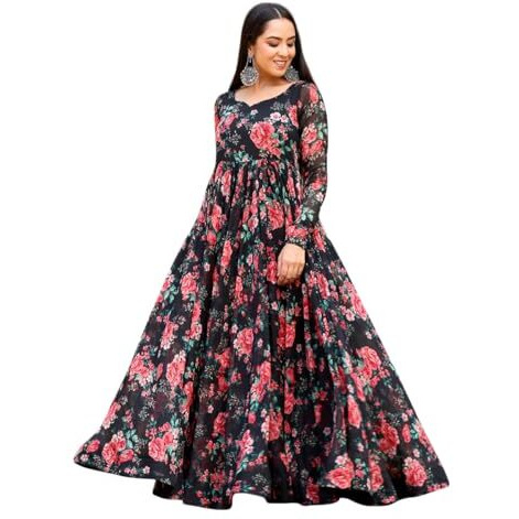 Toochki Gown For Women Wedding | One Piece Dress For Womens Long | Maxi Dresses | Ethnic Black Gowns | Anarakali Suit | Floral Printed