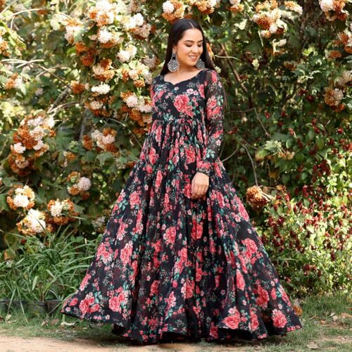 Toochki Gown For Women Wedding | One Piece Dress For Womens Long | Maxi Dresses | Ethnic Black Gowns | Anarakali Suit | Floral Printed