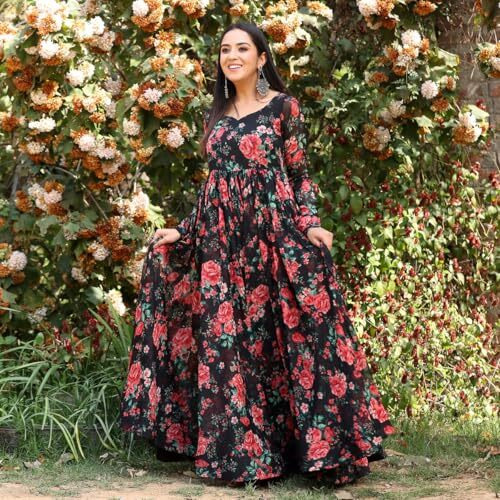 Toochki Gown For Women Wedding | One Piece Dress For Womens Long | Maxi Dresses | Ethnic Black Gowns | Anarakali Suit | Floral Printed