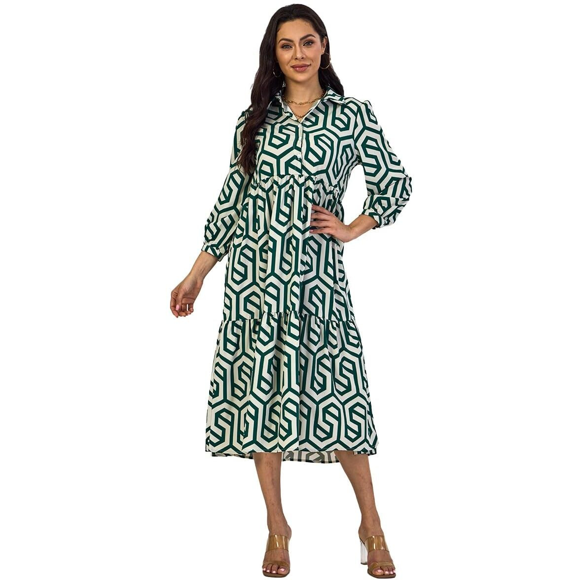 Shasmi Women & Girls Solid Green Geometric Print Collared Dress With Long Cuffed Sleeves, Panelled Hem And A Button-Up Front Gathered A-Line Midi Dress For Women (Dress 151 Green-Xl)