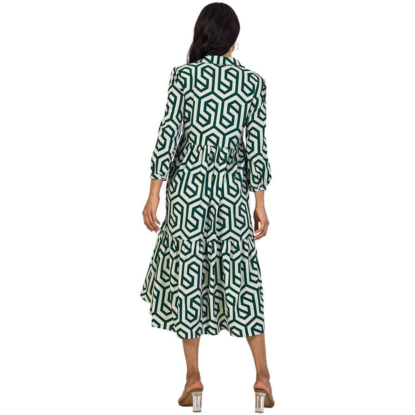 Shasmi Women & Girls Solid Green Geometric Print Collared Dress With Long Cuffed Sleeves, Panelled Hem And A Button-Up Front Gathered A-Line Midi Dress For Women (Dress 151 Green-Xl)