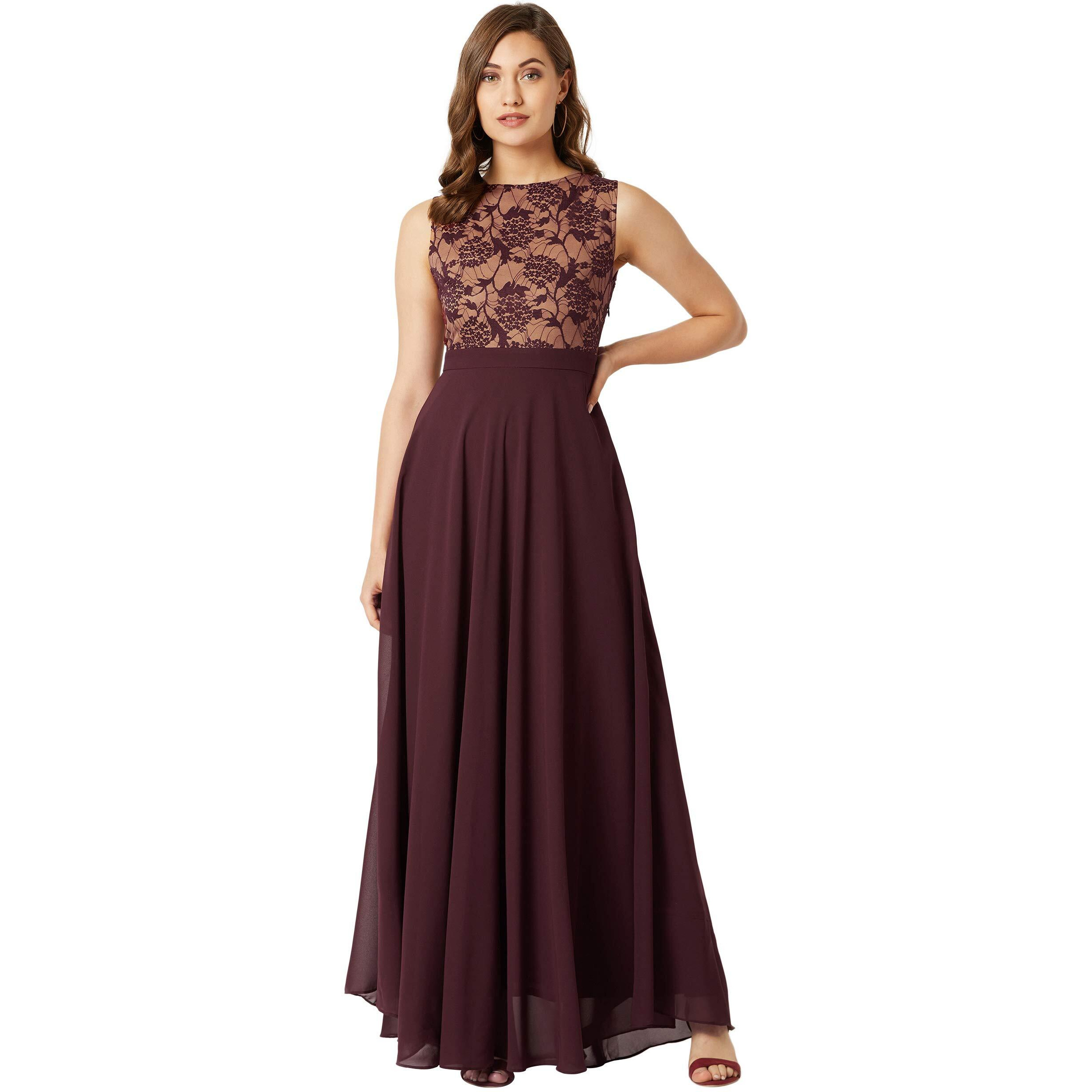 Miss Chase Womens Beige & Wine Round Neck Sleeveless Georgette Floral Lace Fit & Flare Maxi Dress (Mcaw19D08-57-217_Beige & Wine_Xl)