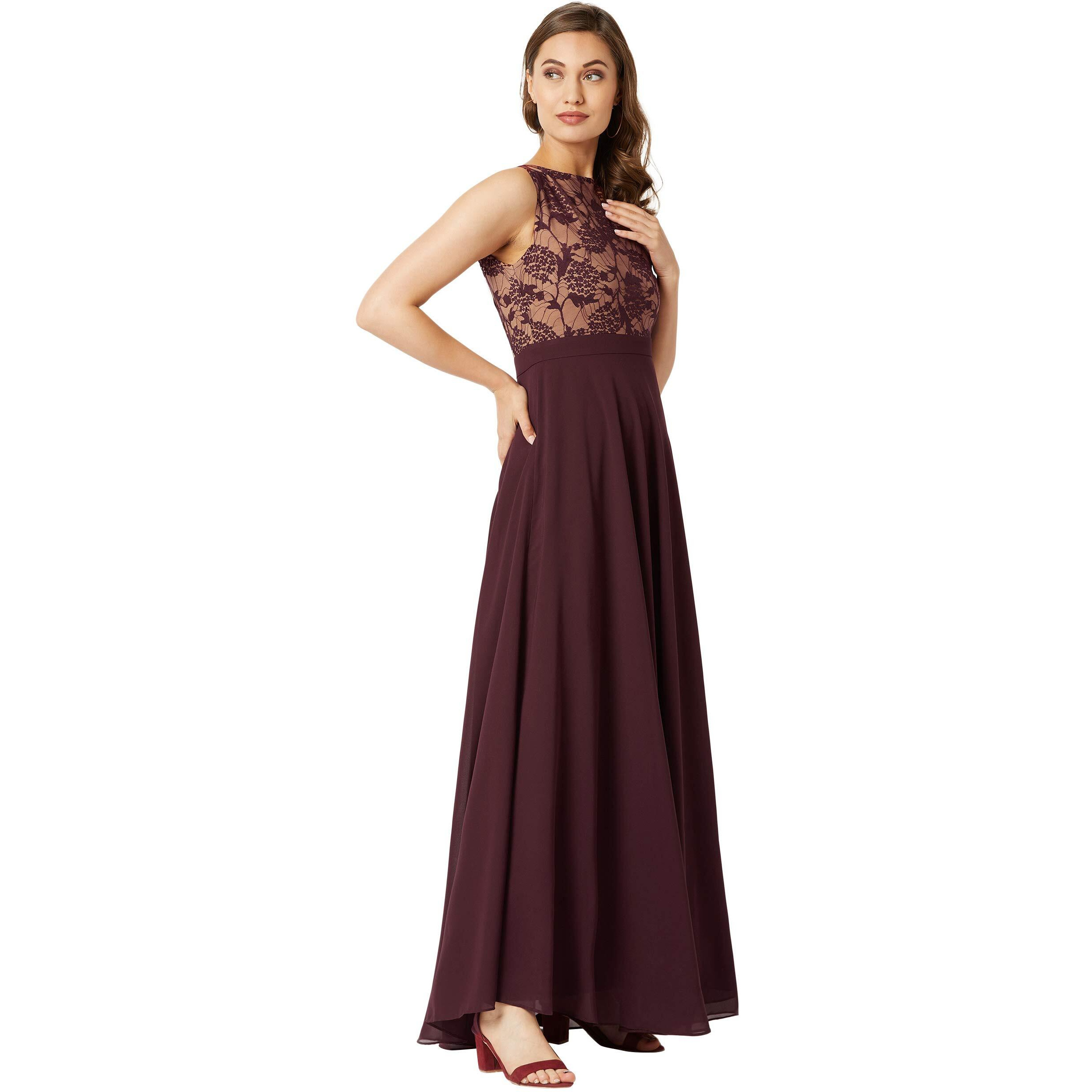 Miss Chase Womens Beige & Wine Round Neck Sleeveless Georgette Floral Lace Fit & Flare Maxi Dress (Mcaw19D08-57-217_Beige & Wine_Xl)