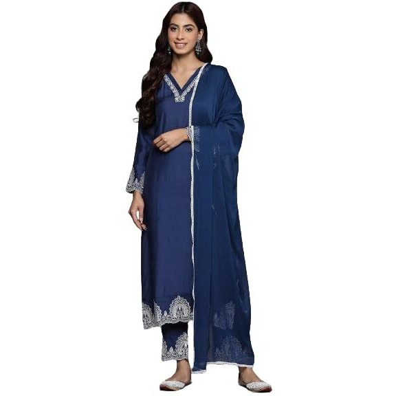 Varanga Women Blue Embroidered Straight Kurta With Bottom And Dupatta