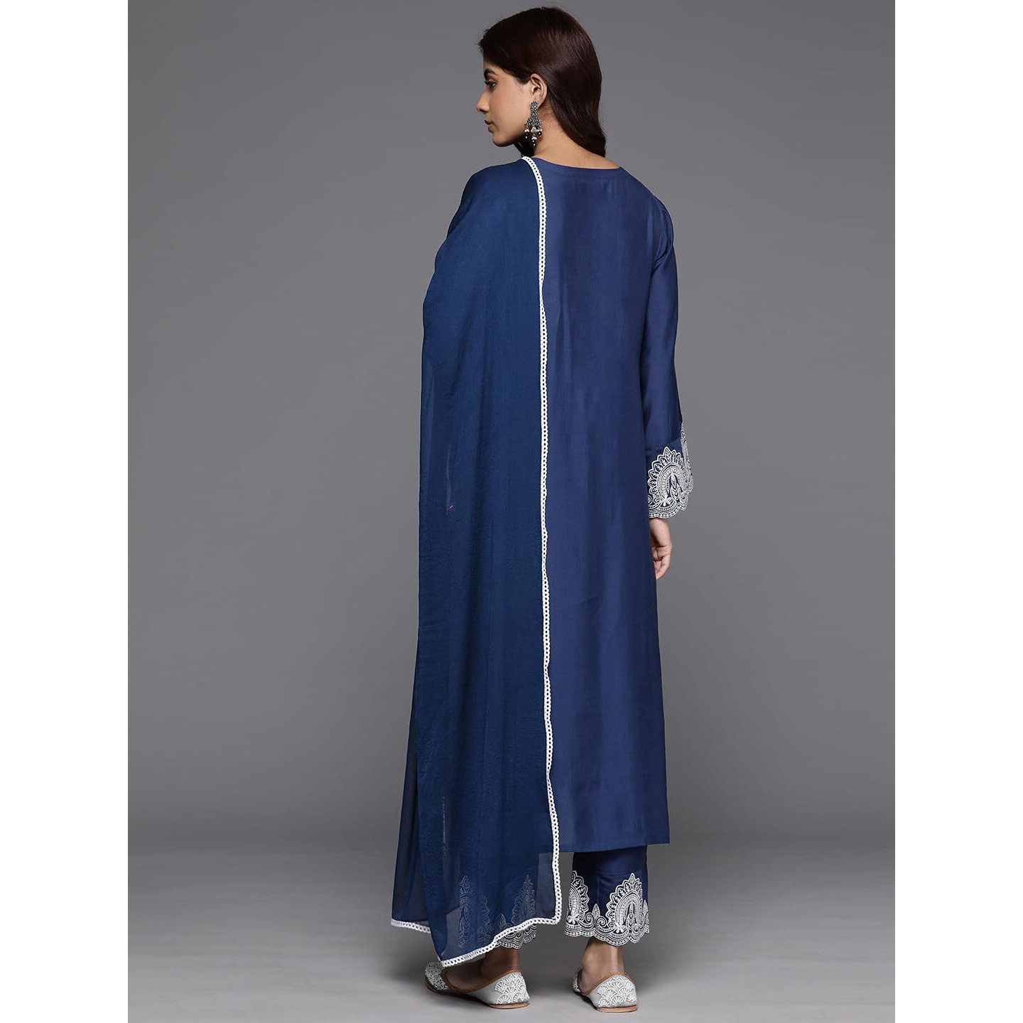 Varanga Women Blue Embroidered Straight Kurta With Bottom And Dupatta