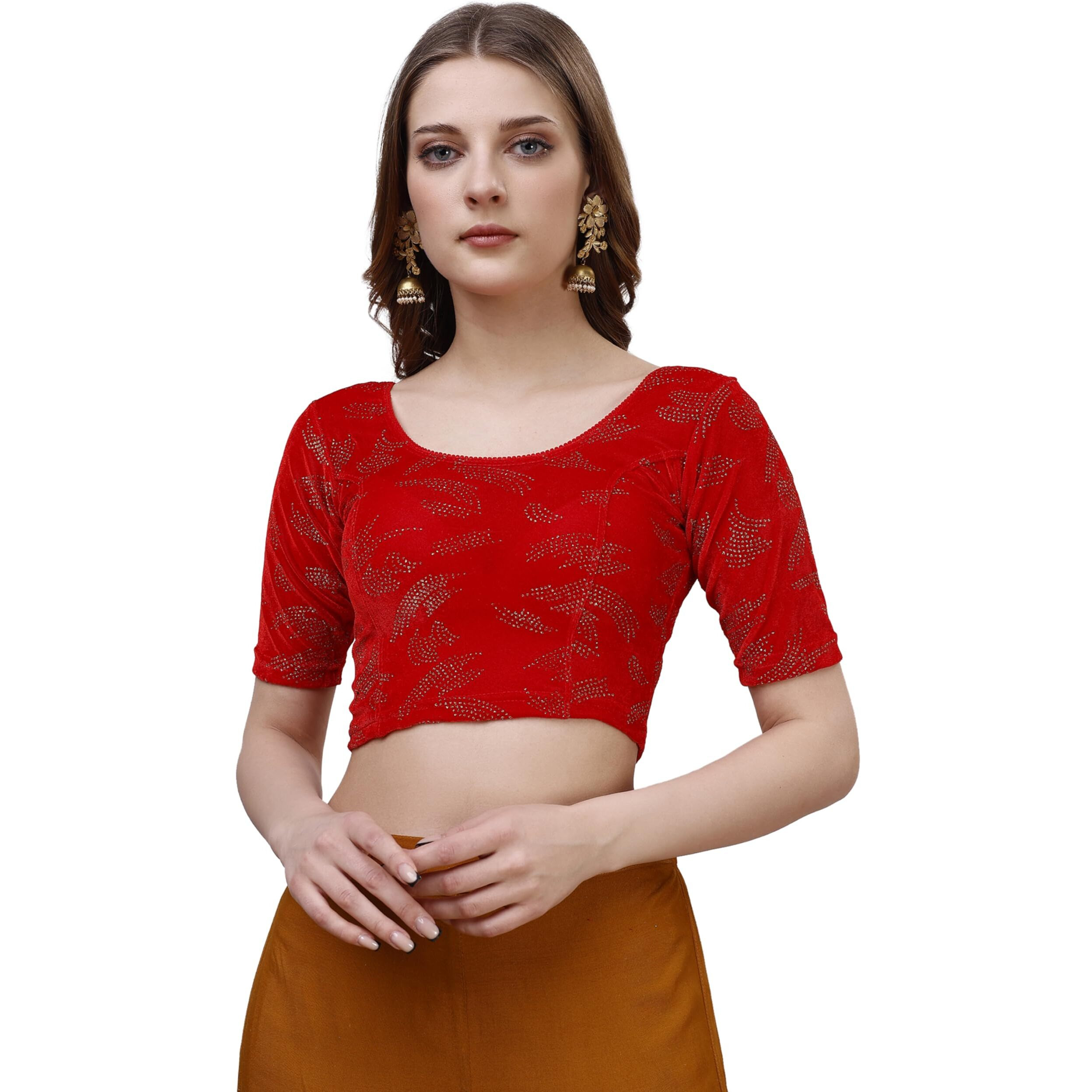 Vihu Fashion Women's Readymade Hosiery Velvet Lycra Stretchable Round Neck Half Sleeve Blouse Fancy Red Color Lycra Stretchable Blouse For Women Readymade Saree Blouse