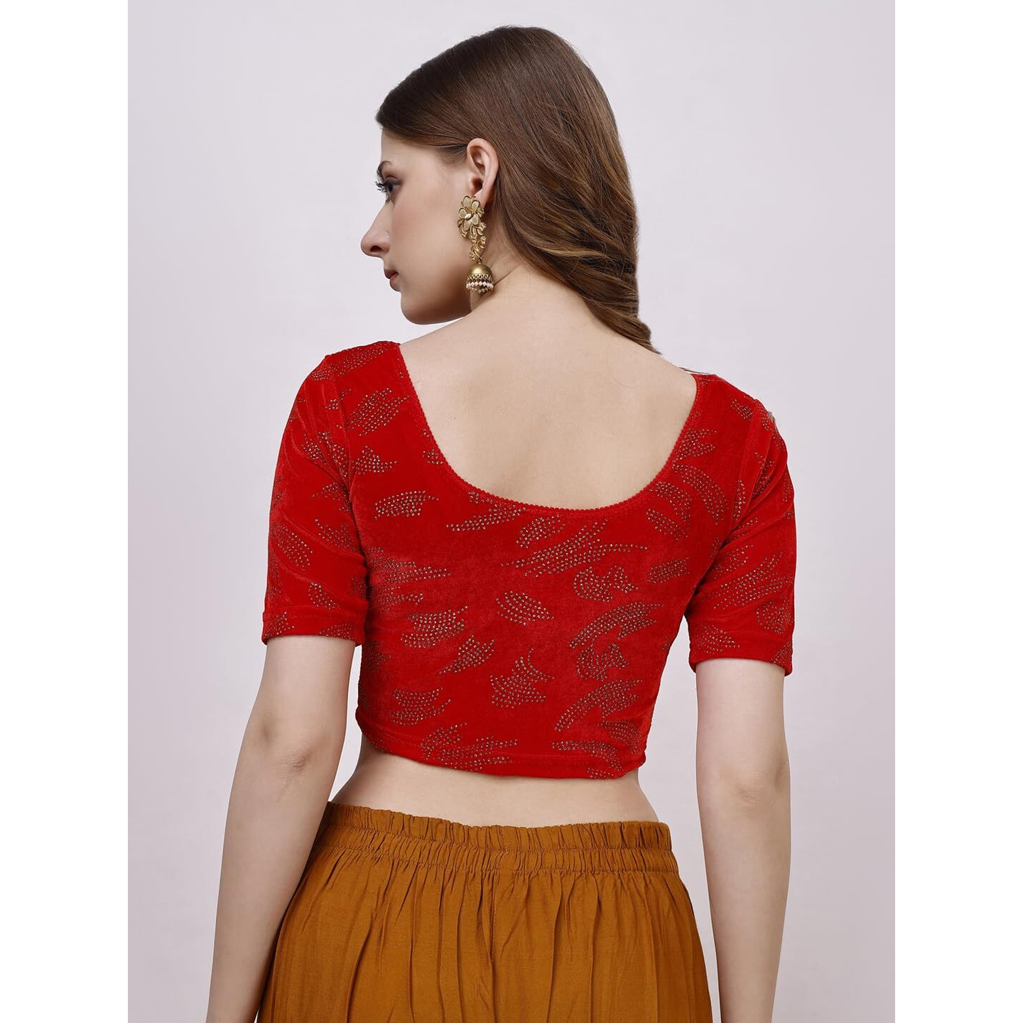 Vihu Fashion Women's Readymade Hosiery Velvet Lycra Stretchable Round Neck Half Sleeve Blouse Fancy Red Color Lycra Stretchable Blouse For Women Readymade Saree Blouse