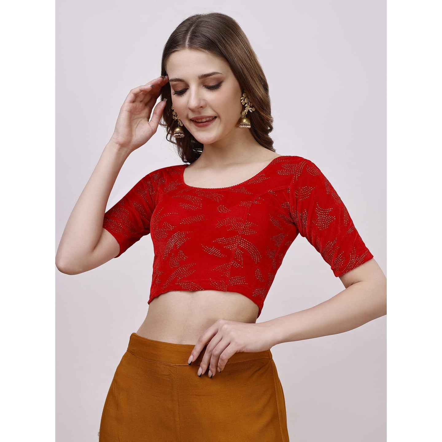 Vihu Fashion Women's Readymade Hosiery Velvet Lycra Stretchable Round Neck Half Sleeve Blouse Fancy Red Color Lycra Stretchable Blouse For Women Readymade Saree Blouse