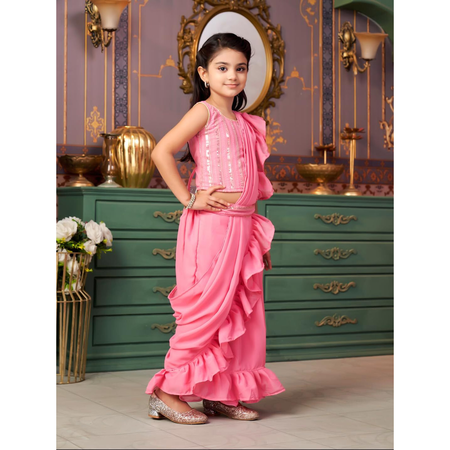 Aarika Girls Ethnic Wear Pink Colour Sequin Embroidery Georgette Lehenga Choli Set With Attached Dupatta-4-13 Years (Lch-Shm-5018)
