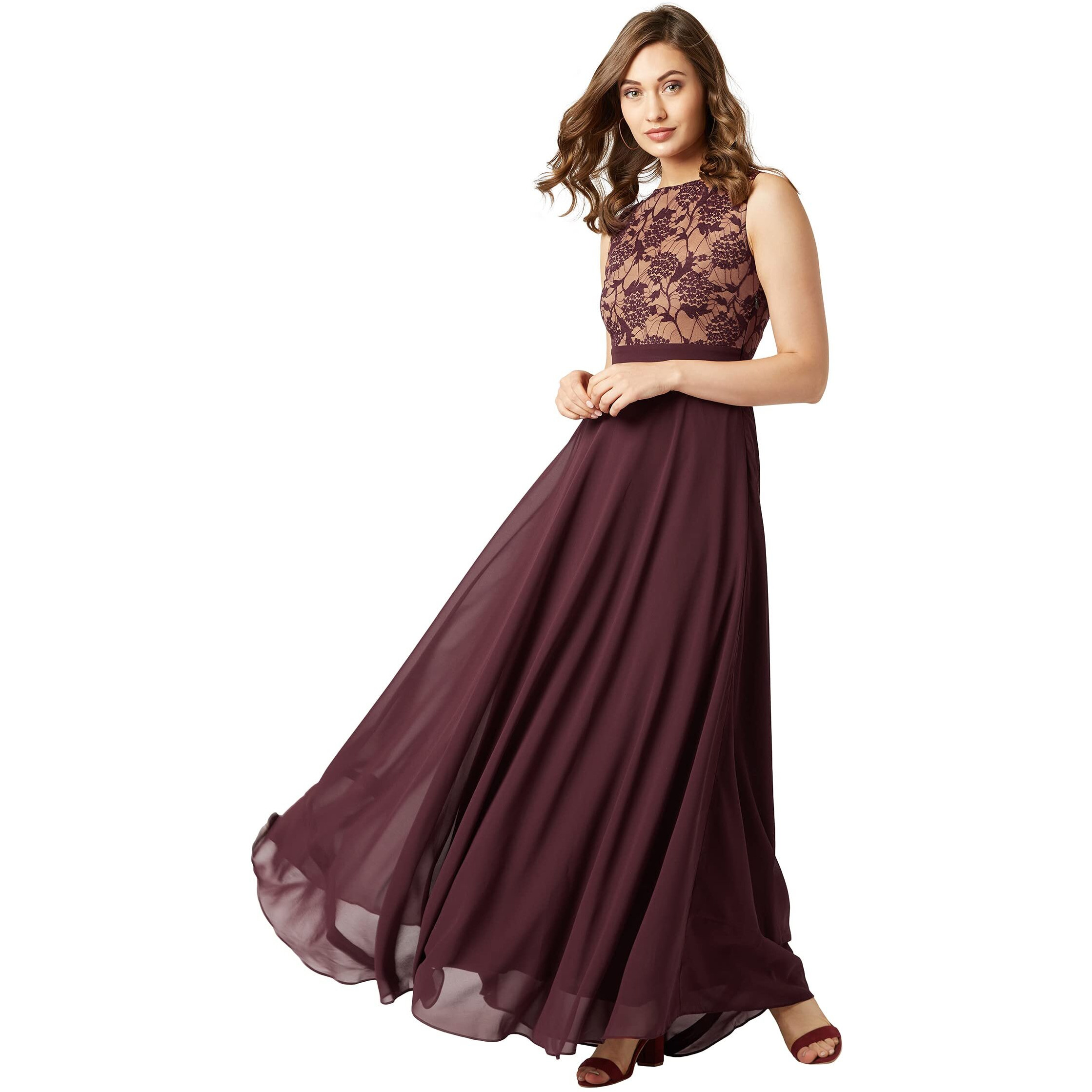 Miss Chase Womens Beige & Wine Round Neck Sleeveless Georgette Floral Lace Fit & Flare Maxi Dress (Mcaw19D08-57-217_Beige & Wine_M)