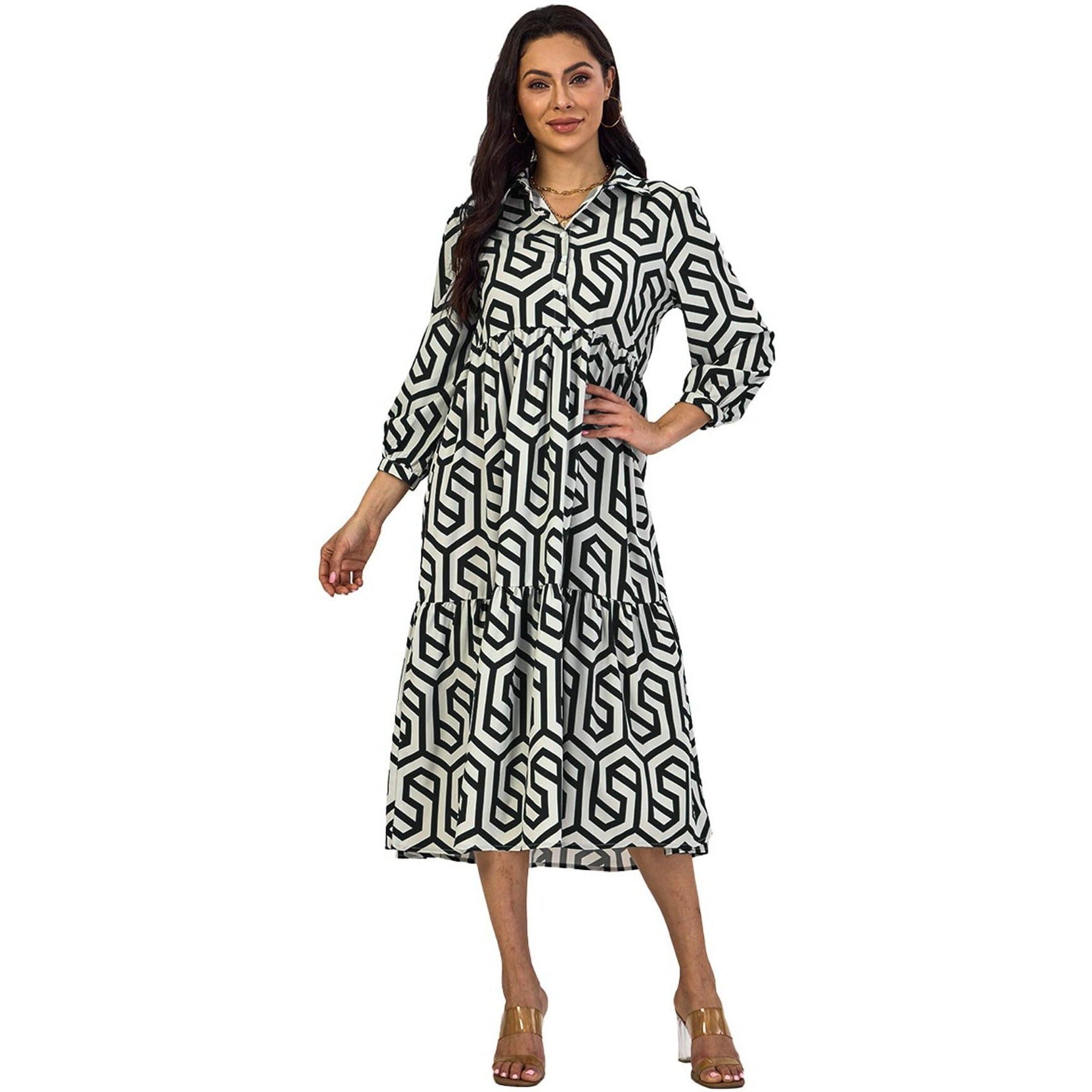 Shasmi Women & Girls Solid Black Geometric Print Collared Dress With Long Cuffed Sleeves, Panelled Hem And A Button-Up Front Gathered A-Line Midi Dress For Women (Dress 151 Black-Xl)