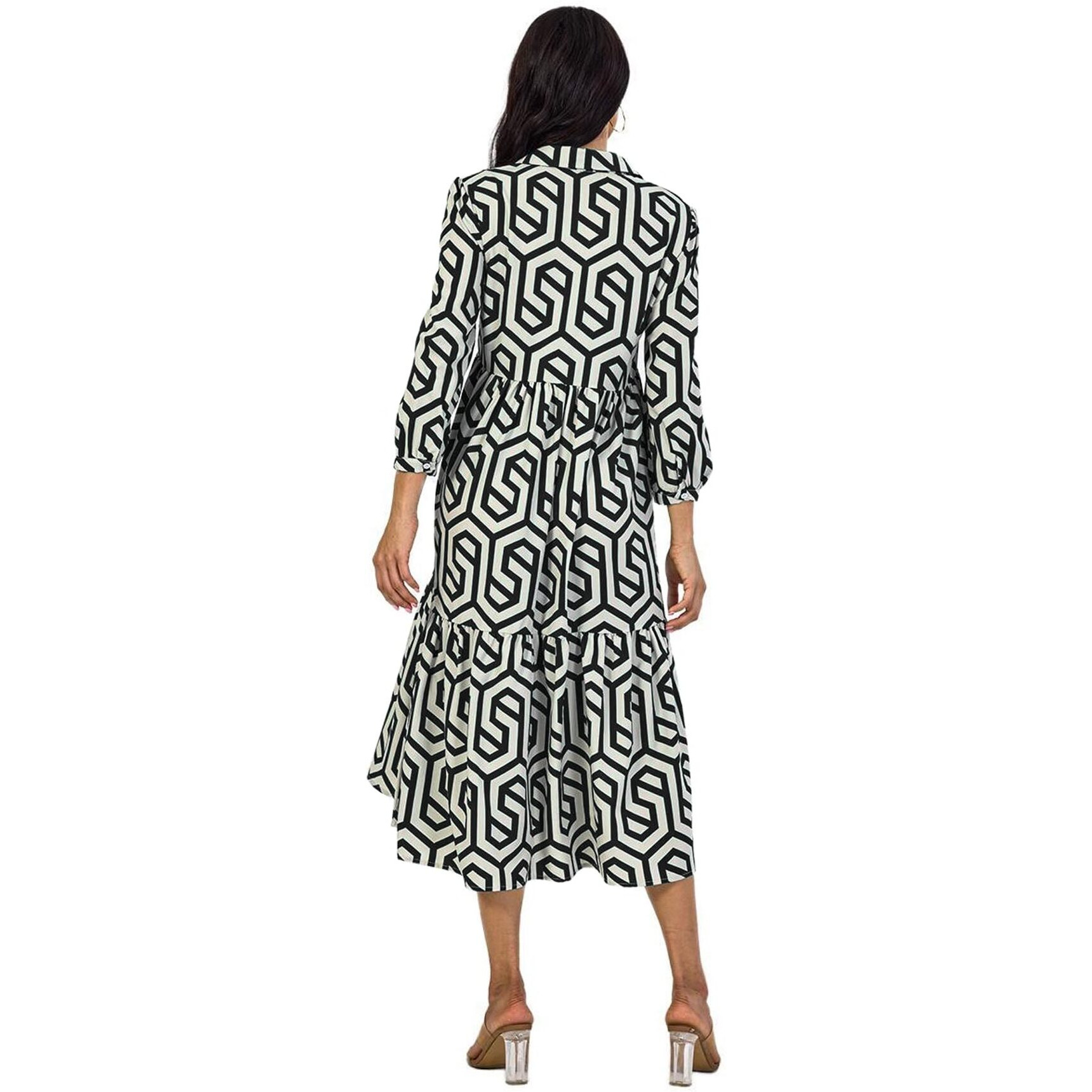 Shasmi Women & Girls Solid Black Geometric Print Collared Dress With Long Cuffed Sleeves, Panelled Hem And A Button-Up Front Gathered A-Line Midi Dress For Women (Dress 151 Black-Xl)