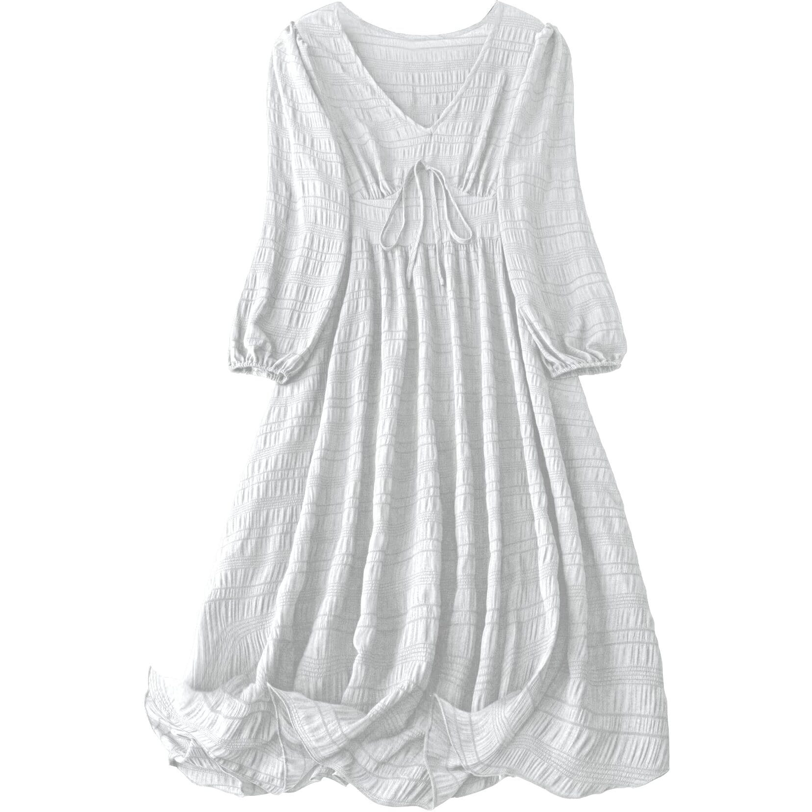 Shasmi Womens & Girls White Dress For Women Midi, One Piece Dress For Womens Casual Dress, Solid Textured Lantern Sleeve Tie Front V Neck Midi Dress (Dress 123 White-L)