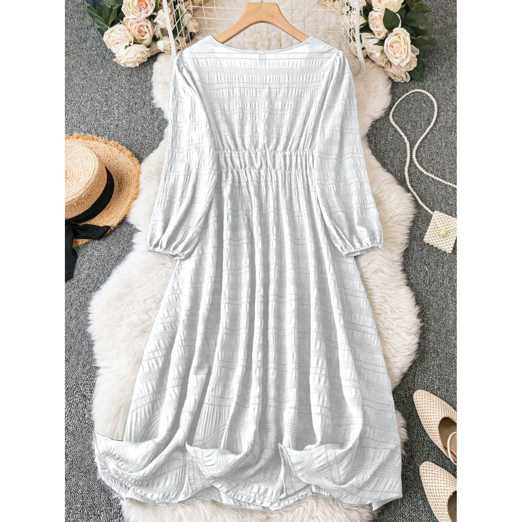 Shasmi Womens & Girls White Dress For Women Midi, One Piece Dress For Womens Casual Dress, Solid Textured Lantern Sleeve Tie Front V Neck Midi Dress (Dress 123 White-L)