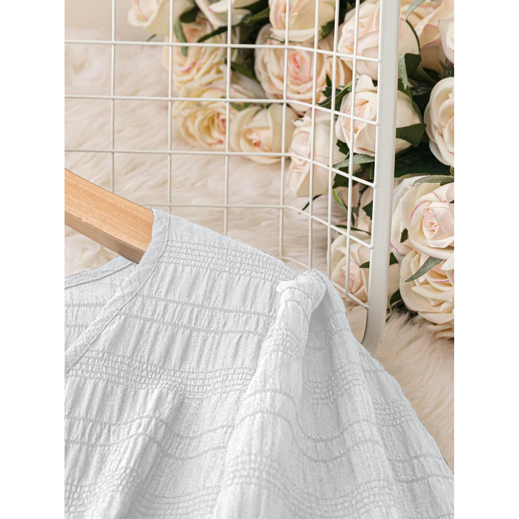 Shasmi Womens & Girls White Dress For Women Midi, One Piece Dress For Womens Casual Dress, Solid Textured Lantern Sleeve Tie Front V Neck Midi Dress (Dress 123 White-L)