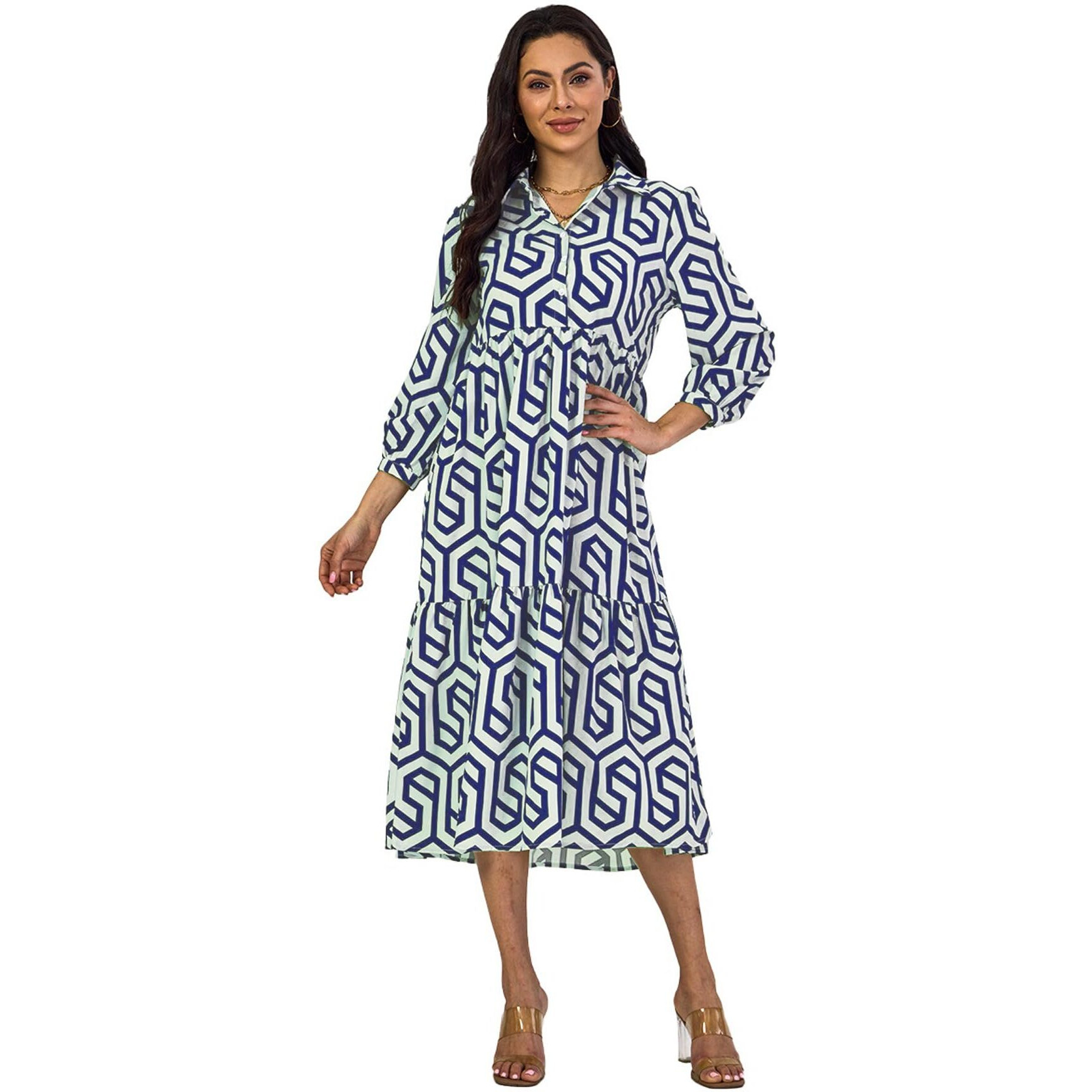 Shasmi Women & Girls Solid Blue Geometric Print Collared Dress With Long Cuffed Sleeves, Panelled Hem And A Button-Up Front Gathered A-Line Midi Dress For Women (Dress 151 Blue-2Xl)