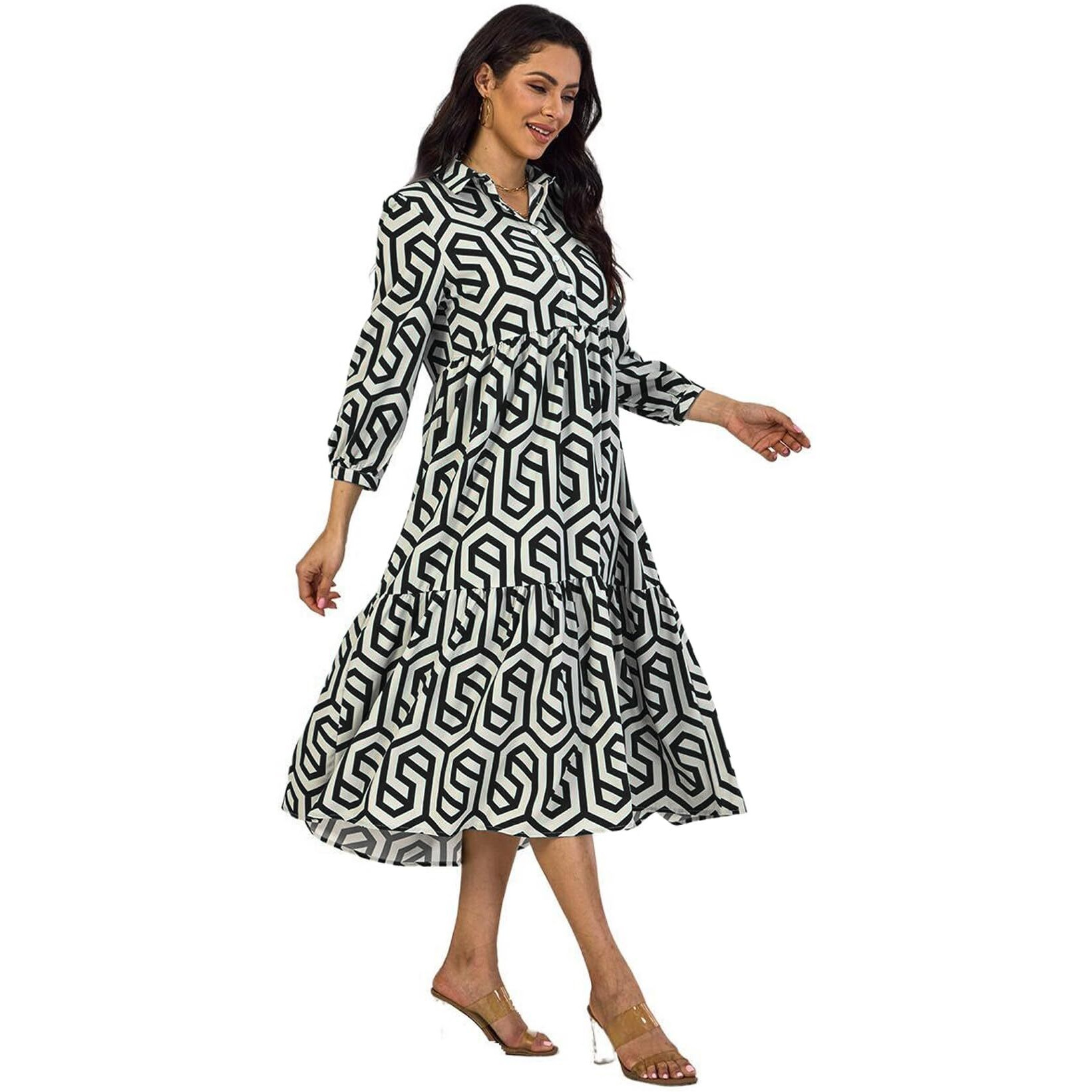 Shasmi Women & Girls Solid Black Geometric Print Collared Dress With Long Cuffed Sleeves, Panelled Hem And A Button-Up Front Gathered A-Line Midi Dress For Women (Dress 151 Black-L)