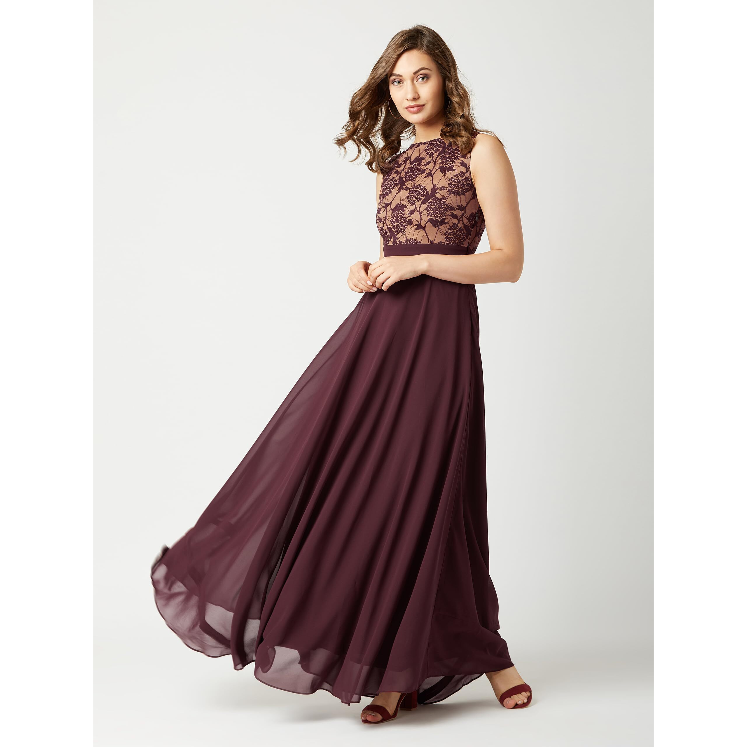 Miss Chase Womens Beige & Wine Round Neck Sleeveless Georgette Floral Lace Fit & Flare Maxi Dress (Mcaw19D08-57-217_Beige & Wine_Xs)