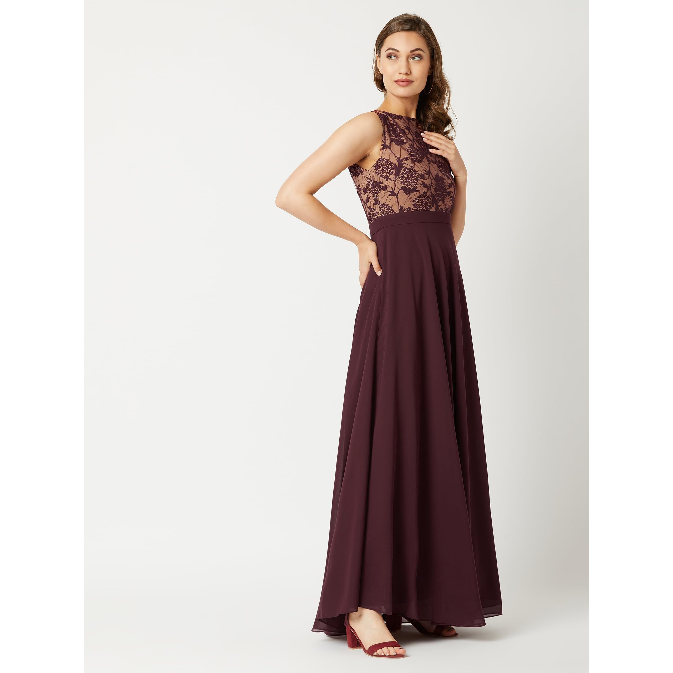 Miss Chase Womens Beige & Wine Round Neck Sleeveless Georgette Floral Lace Fit & Flare Maxi Dress (Mcaw19D08-57-217_Beige & Wine_Xs)