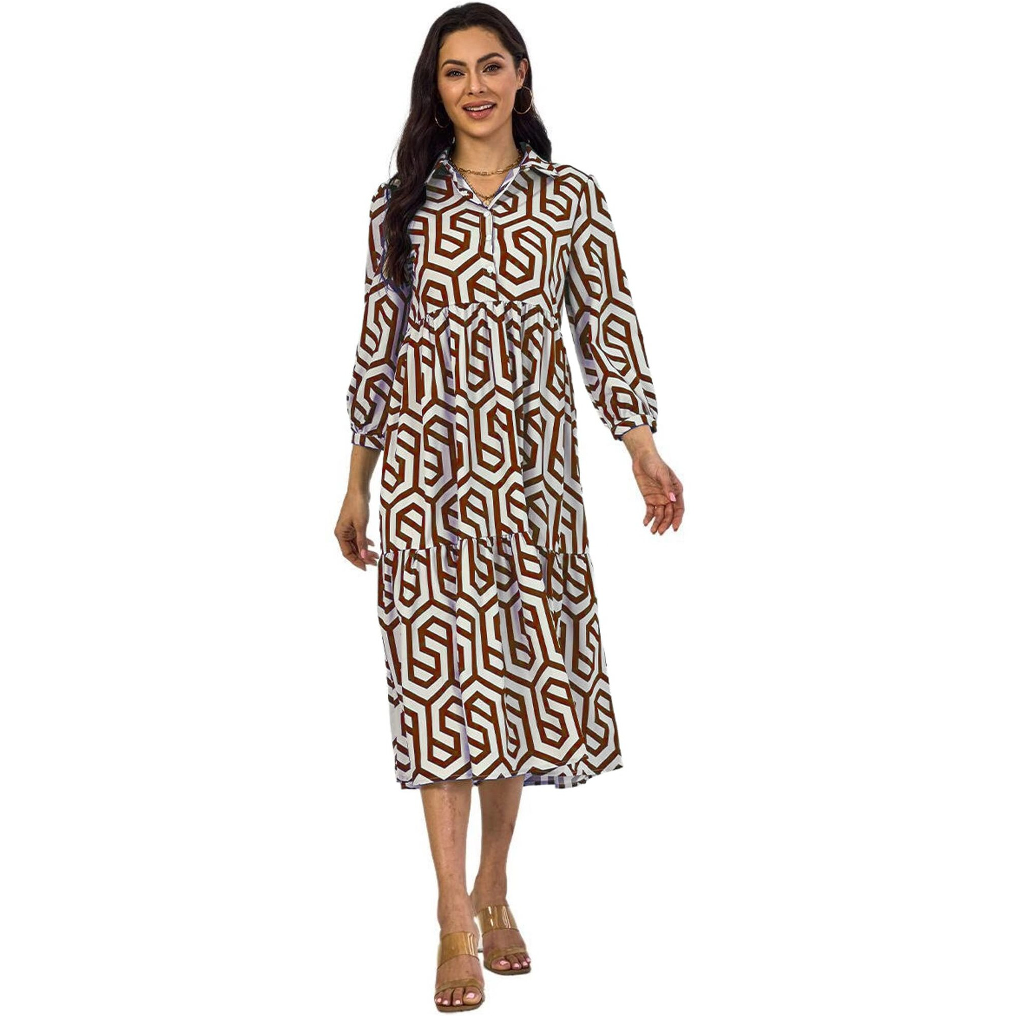 Shasmi Women & Girls Solid Maroon Geometric Print Collared Dress With Long Cuffed Sleeves, Panelled Hem And A Button-Up Front Gathered A-Line Midi Dress For Women (Dress 151 Maroon-S)