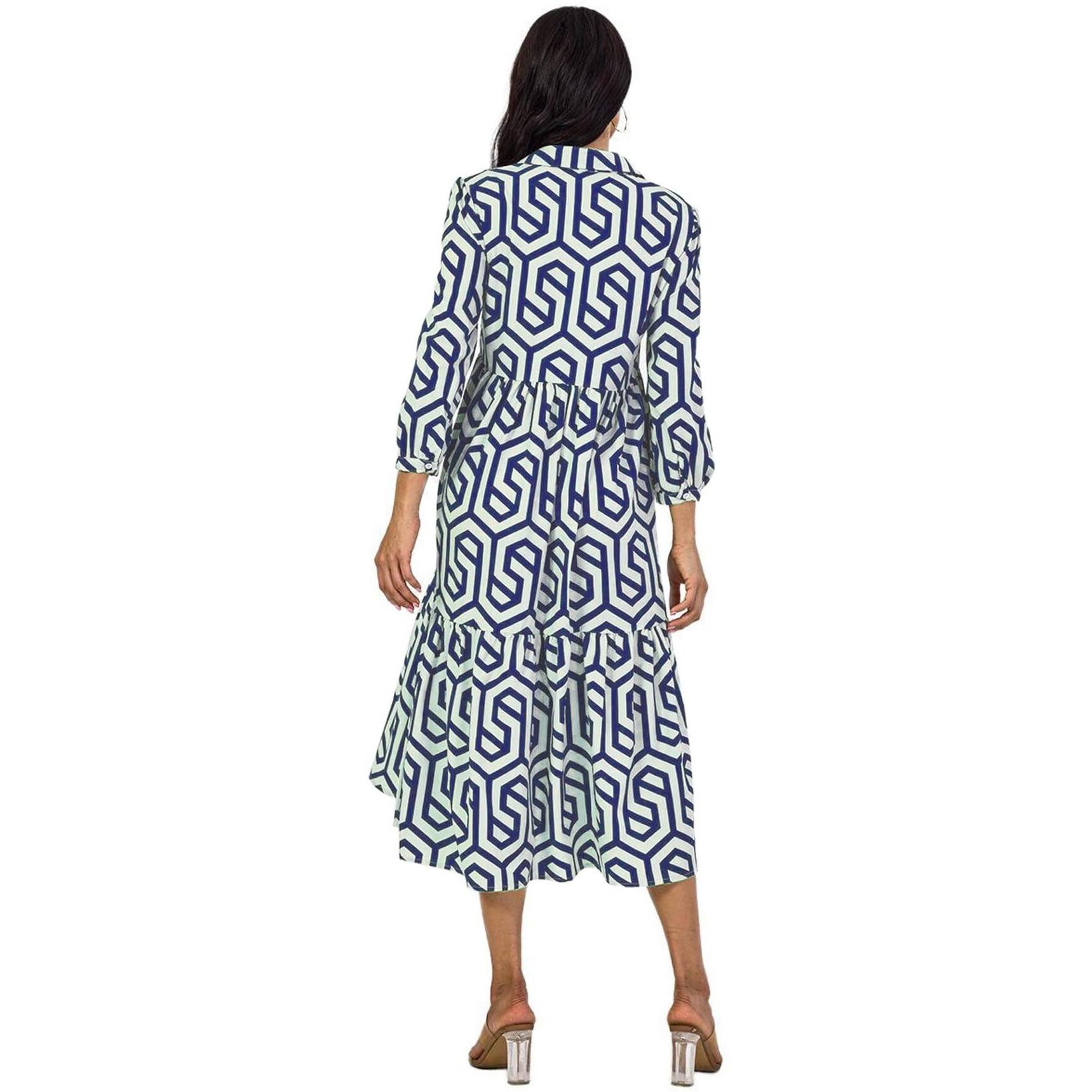 Shasmi Women & Girls Solid Blue Geometric Print Collared Dress With Long Cuffed Sleeves, Panelled Hem And A Button-Up Front Gathered A-Line Midi Dress For Women (Dress 151 Blue-L)