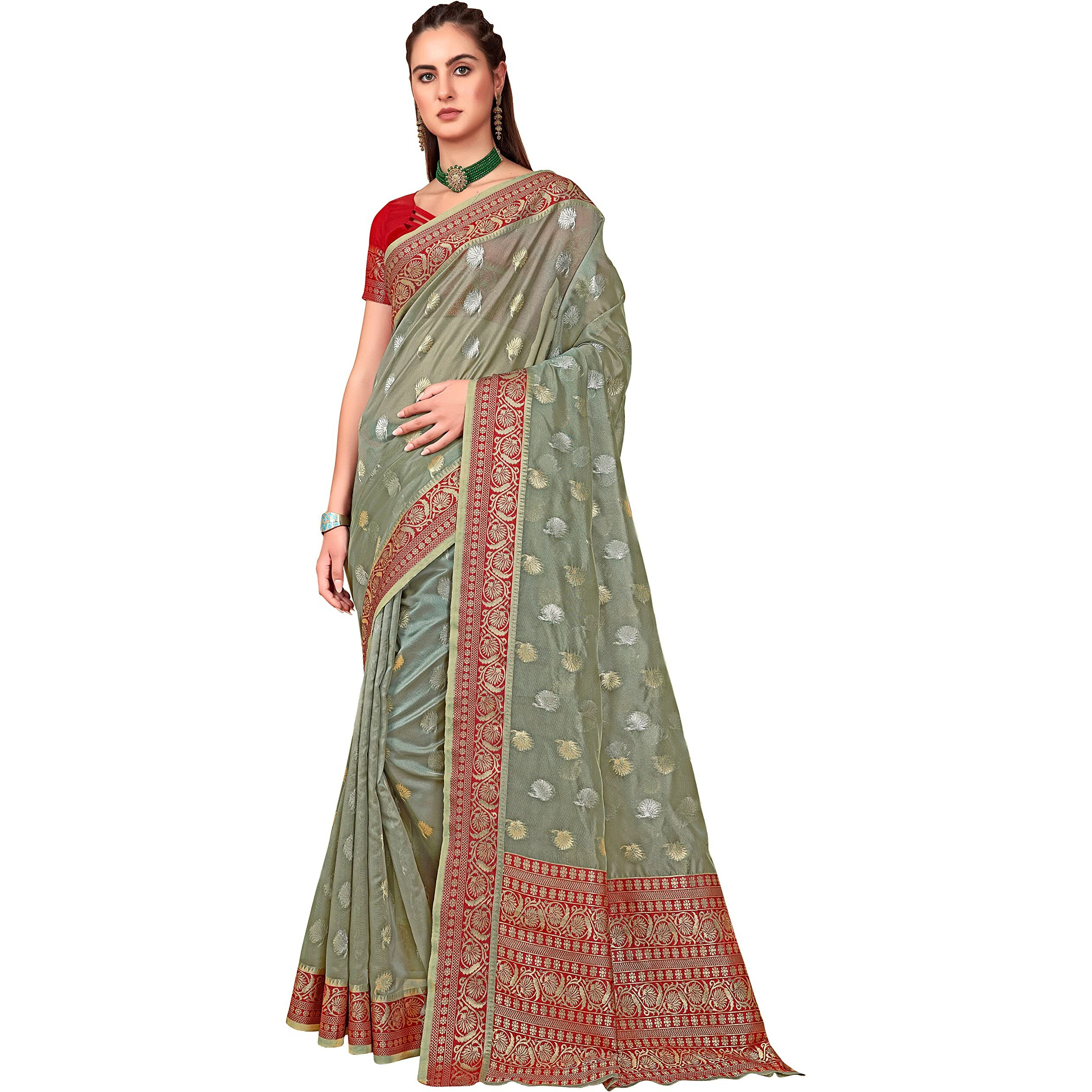 Glory Sarees Womens Banarasi Organza Silk Saree With Blouse Piece (Amrutam101_Grey)