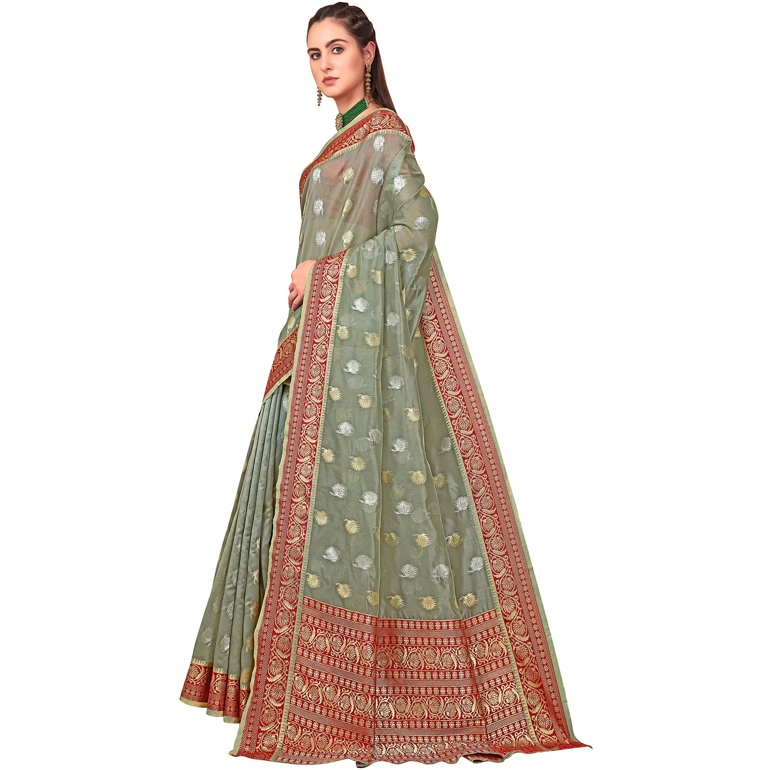 Glory Sarees Womens Banarasi Organza Silk Saree With Blouse Piece (Amrutam101_Grey)