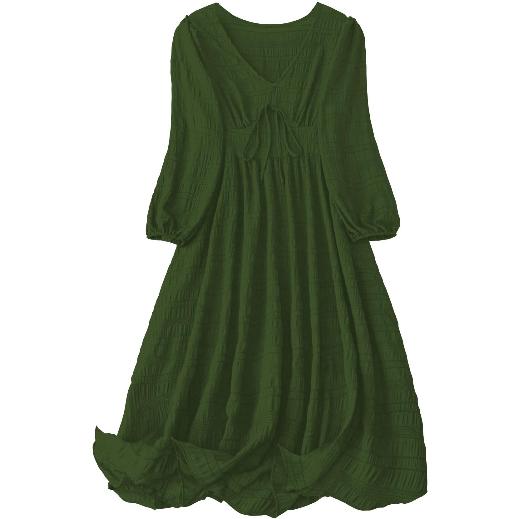 Shasmi Womens & Girls Mehandi Dress For Women Midi, One Piece Dress For Womens Casual Dress, Solid Textured Lantern Sleeve Tie Front V Neck Midi Dress (Dress 123 Mehandi-Xl)