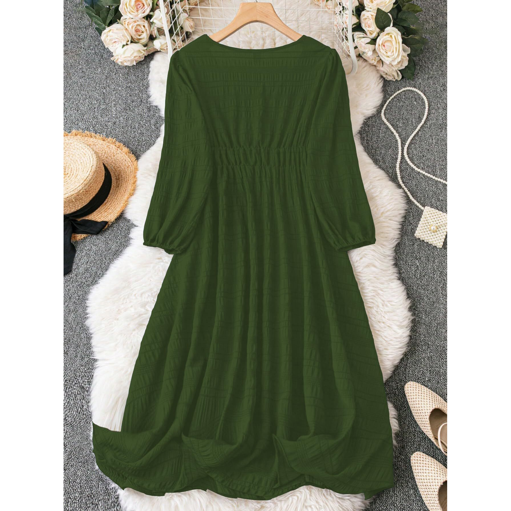 Shasmi Womens & Girls Mehandi Dress For Women Midi, One Piece Dress For Womens Casual Dress, Solid Textured Lantern Sleeve Tie Front V Neck Midi Dress (Dress 123 Mehandi-Xl)