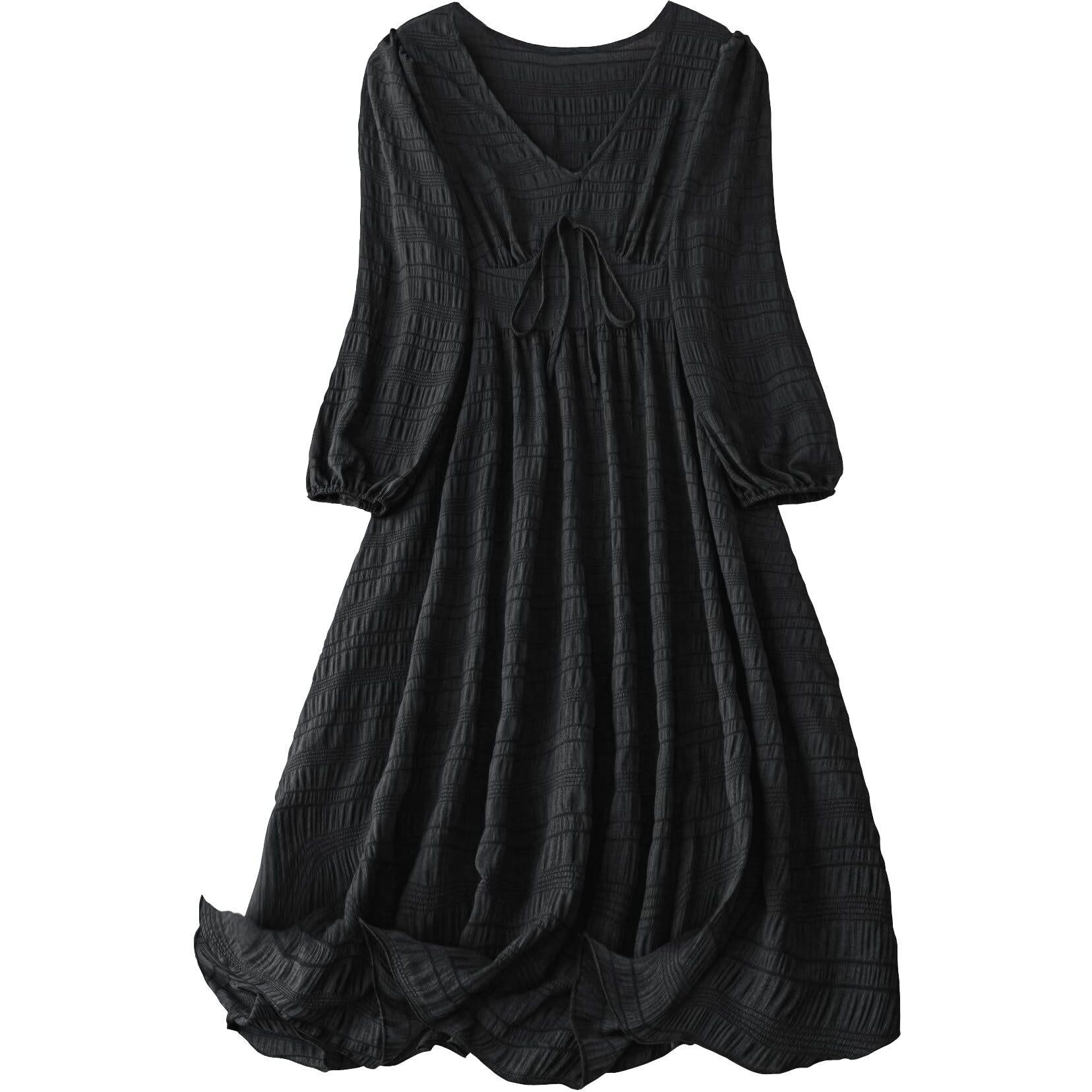 Shasmi Womens & Girls Black Dress For Women Midi, One Piece Dress For Womens Casual Dress, Solid Textured Lantern Sleeve Tie Front V Neck Midi Dress (Dress 123 Black-L)
