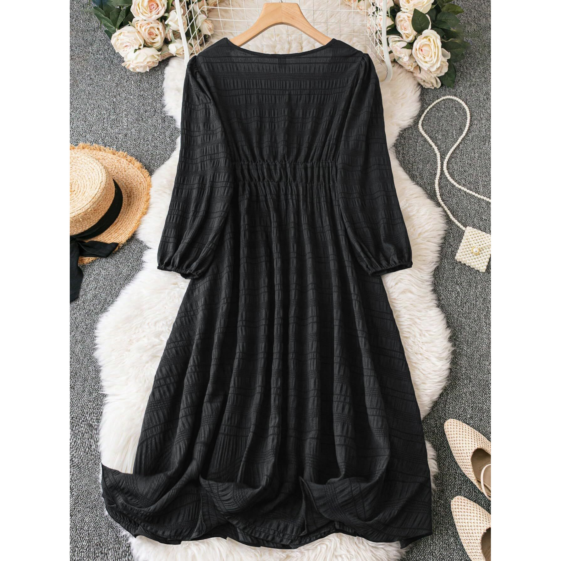 Shasmi Womens & Girls Black Dress For Women Midi, One Piece Dress For Womens Casual Dress, Solid Textured Lantern Sleeve Tie Front V Neck Midi Dress (Dress 123 Black-L)