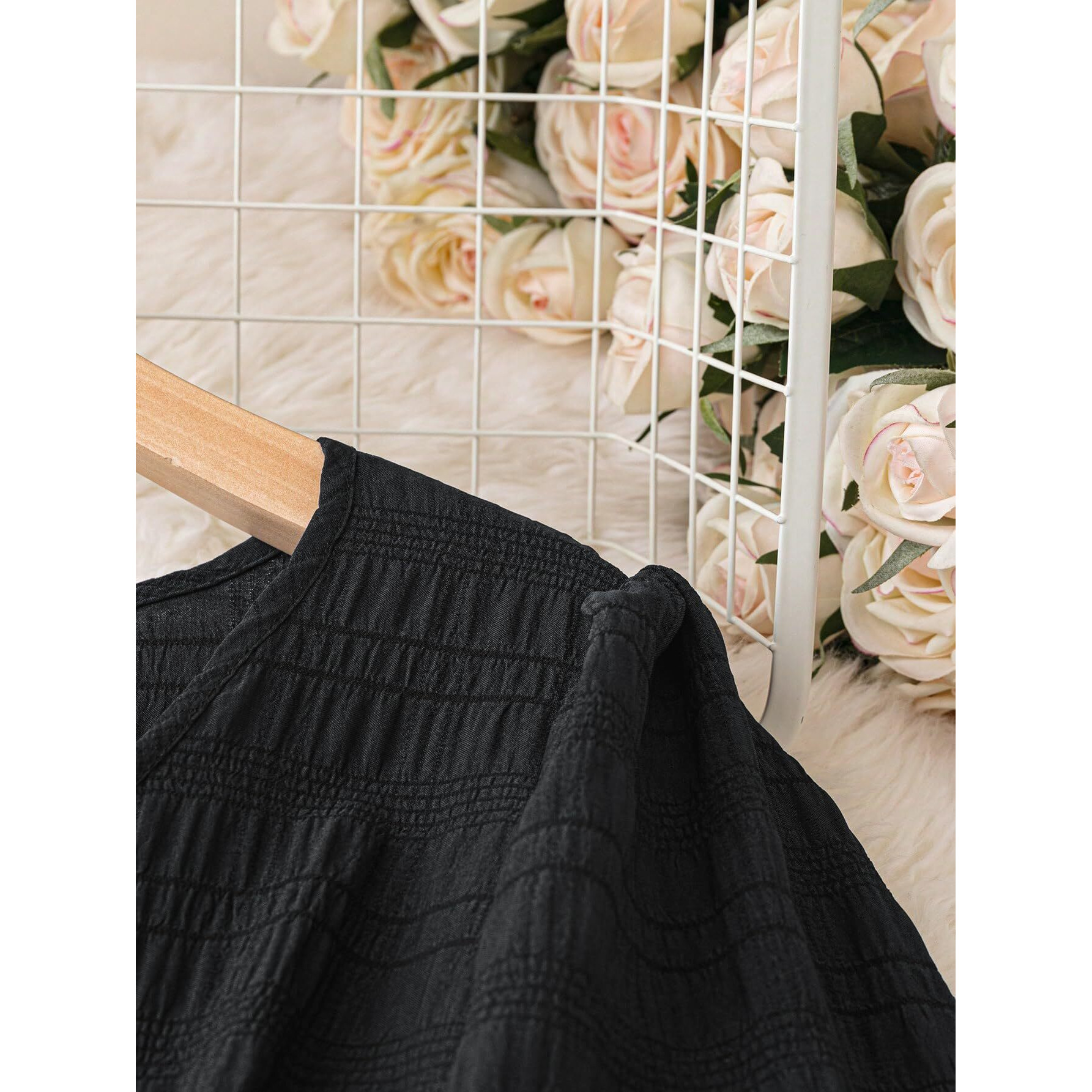 Shasmi Womens & Girls Black Dress For Women Midi, One Piece Dress For Womens Casual Dress, Solid Textured Lantern Sleeve Tie Front V Neck Midi Dress (Dress 123 Black-L)