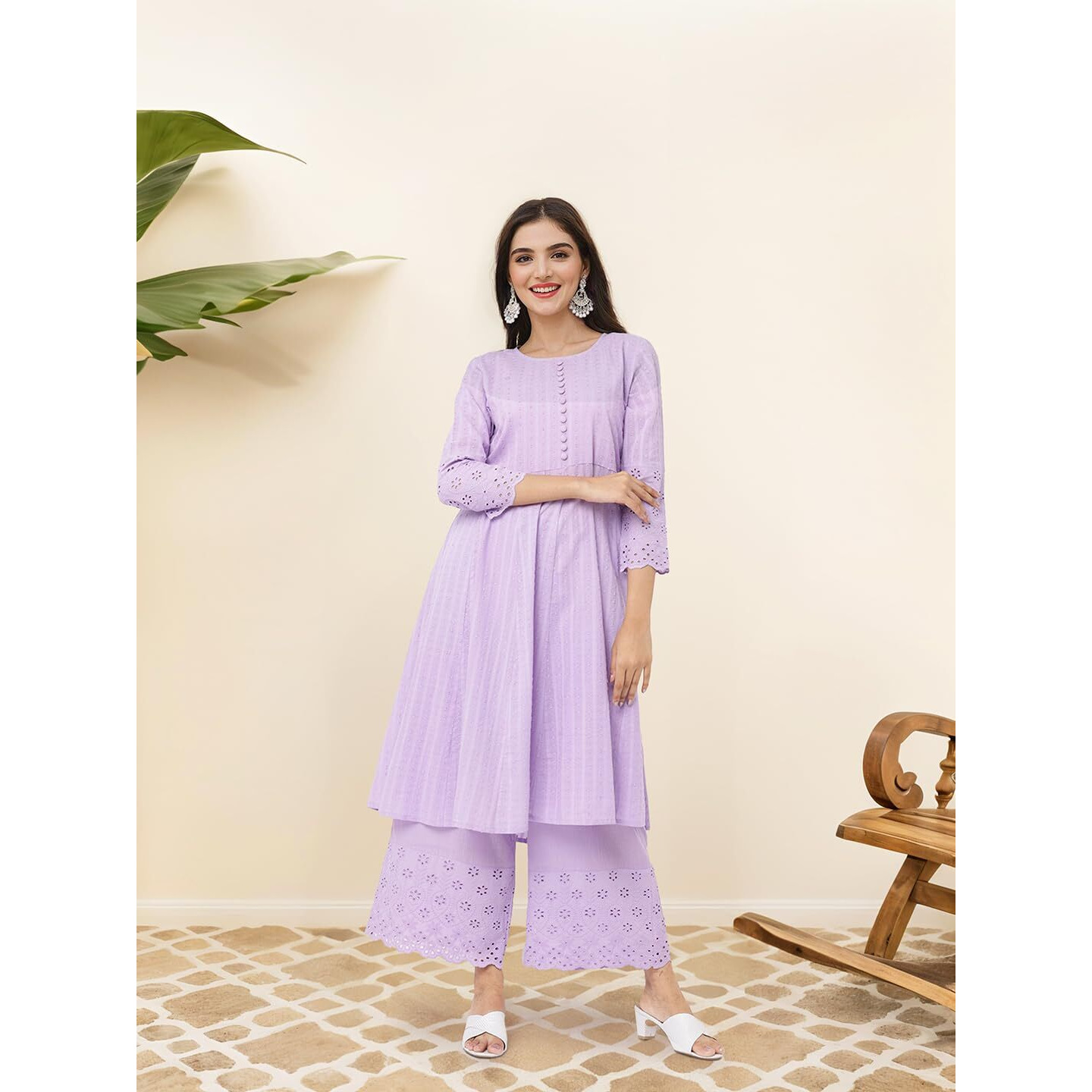 Ishin Cotton Schiffli Lavender Kurta With Solid Pants