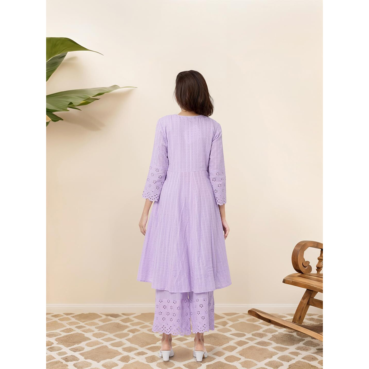 Ishin Cotton Schiffli Lavender Kurta With Solid Pants