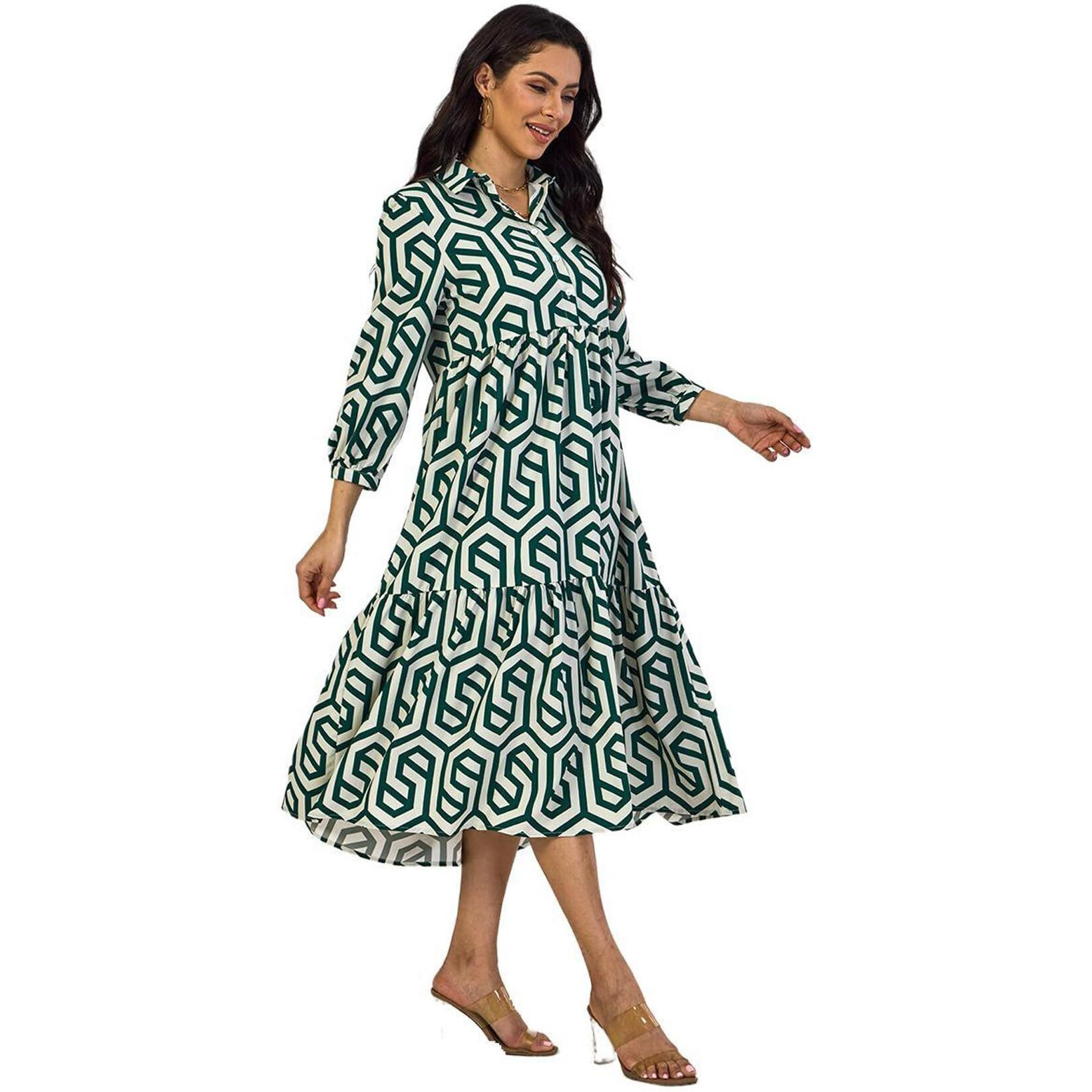 Shasmi Women & Girls Solid Green Geometric Print Collared Dress With Long Cuffed Sleeves, Panelled Hem And A Button-Up Front Gathered A-Line Midi Dress For Women (Dress 151 Green-L)