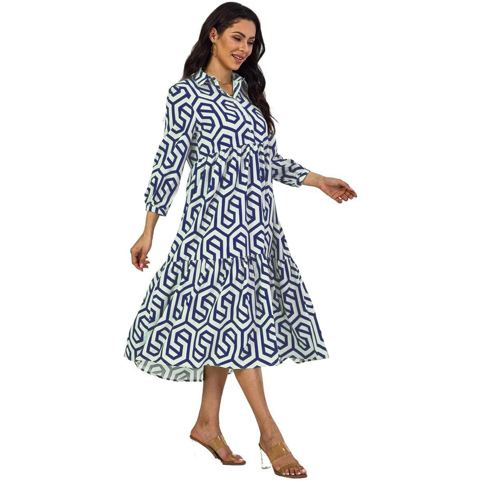 Shasmi Women & Girls Solid Blue Geometric Print Collared Dress With Long Cuffed Sleeves, Panelled Hem And A Button-Up Front Gathered A-Line Midi Dress For Women (Dress 151 Blue-M)